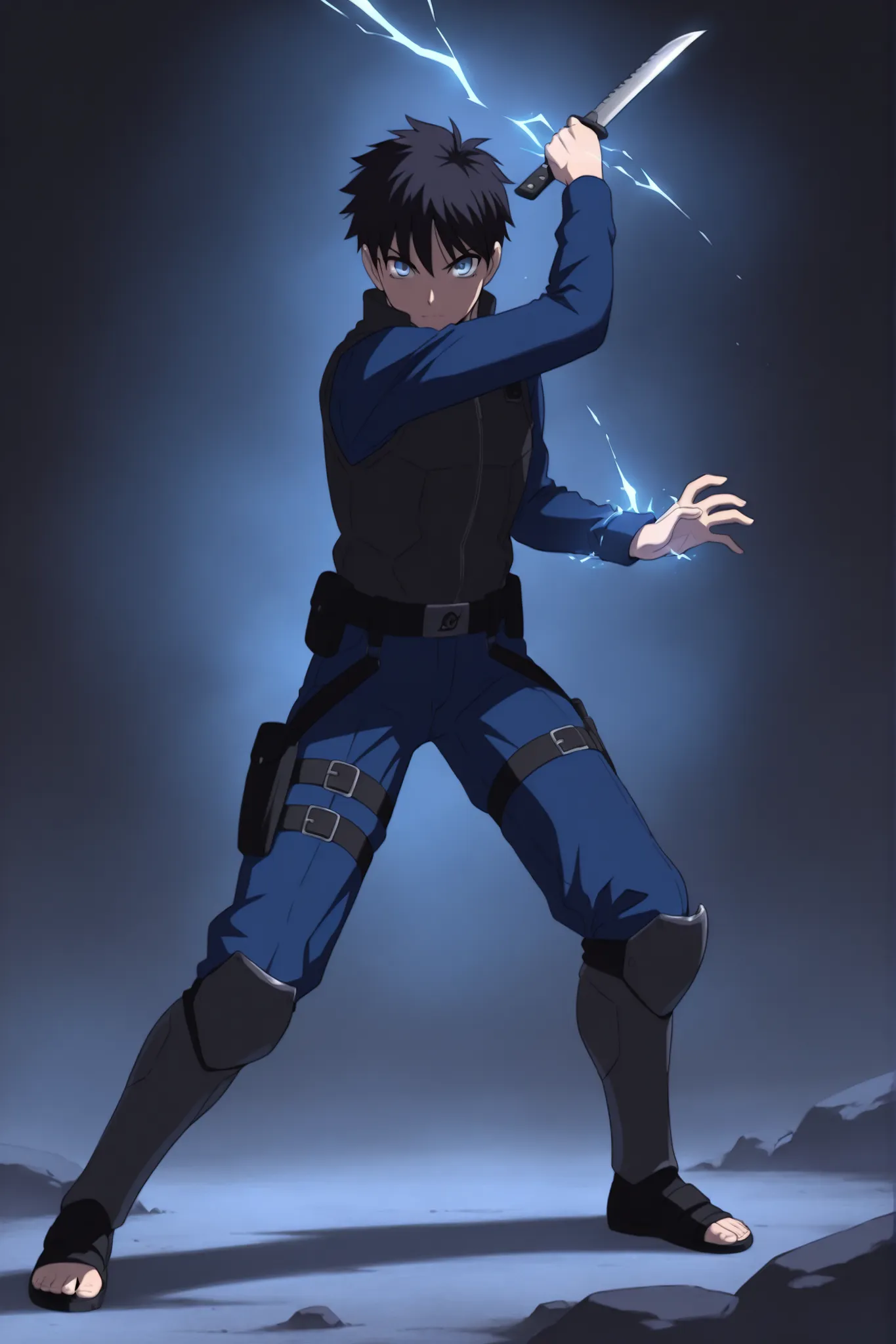 (masterpiece,best quality,ultra_detailed,highres,absurdres:1.2,amazing quality,very aesthetic),tohno shiki,1boy,solo,black hair,short hair,blue eyes,serious,,blue black pants,holding knife,fighting stance,short sword,full body, dark thick high collar black...