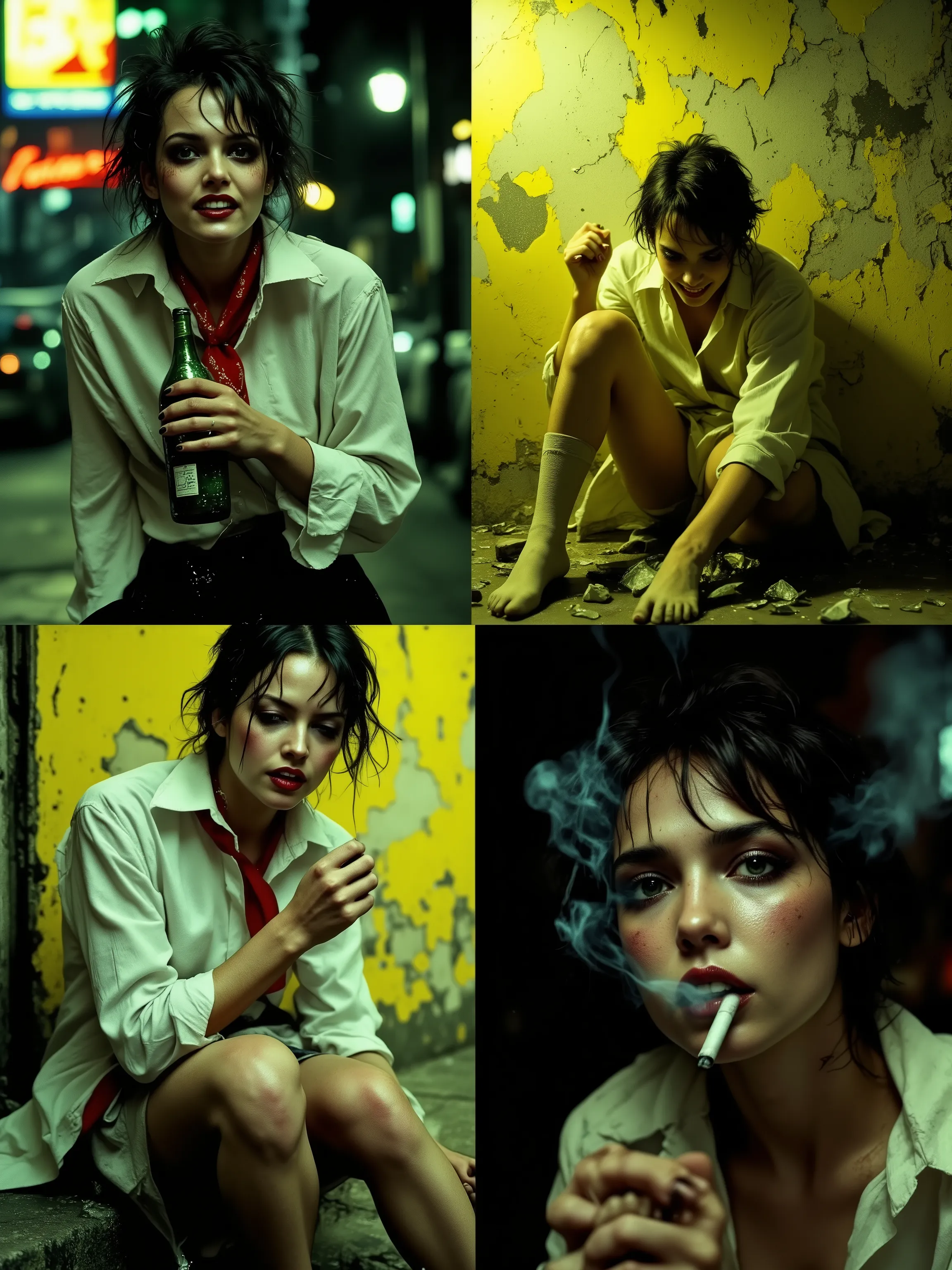 Create a moodboard with four vignettes depicting exaggerated emotions of a drunken woman: Rage, Exhaustion, Drunken Joy, Resentment. Style: gritty, grainy street photography à la Marc Riboud mixed with Richard Kern's punk rawness. First vignette – Rage: an...