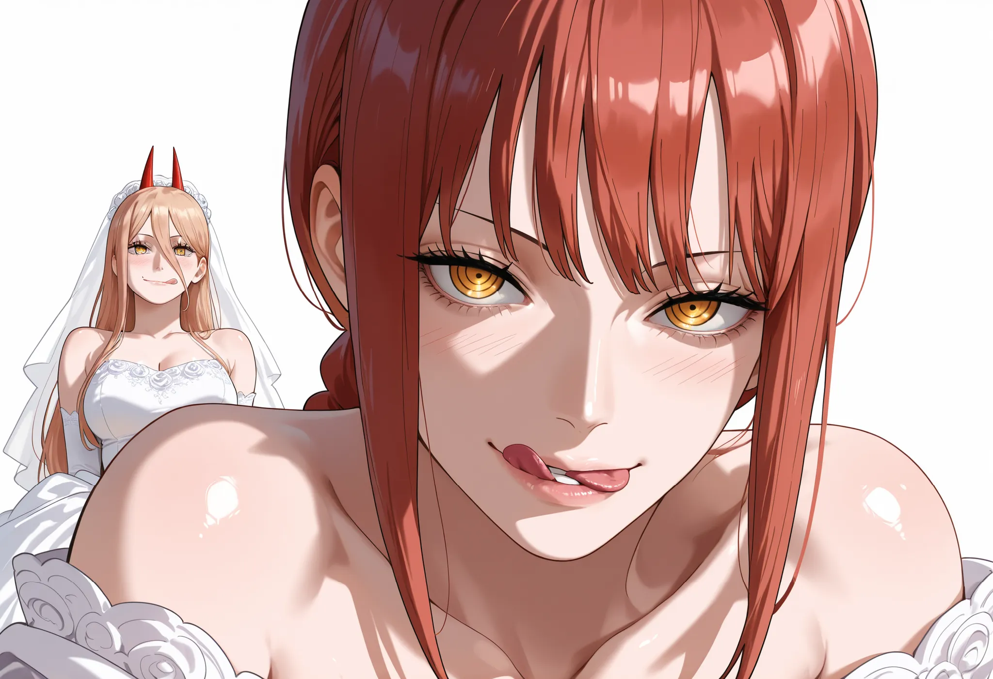 masterpiece, best quality, amazing quality, 2girl, (Makima, One Piece, Chainsaw man, yellow eyes, red hair), (Power, One Piece, Chainsaw man, yellow eyes, blonde hair), shy Face, close up shot, simple background, medium size , golden ratio face, sexy pose,...