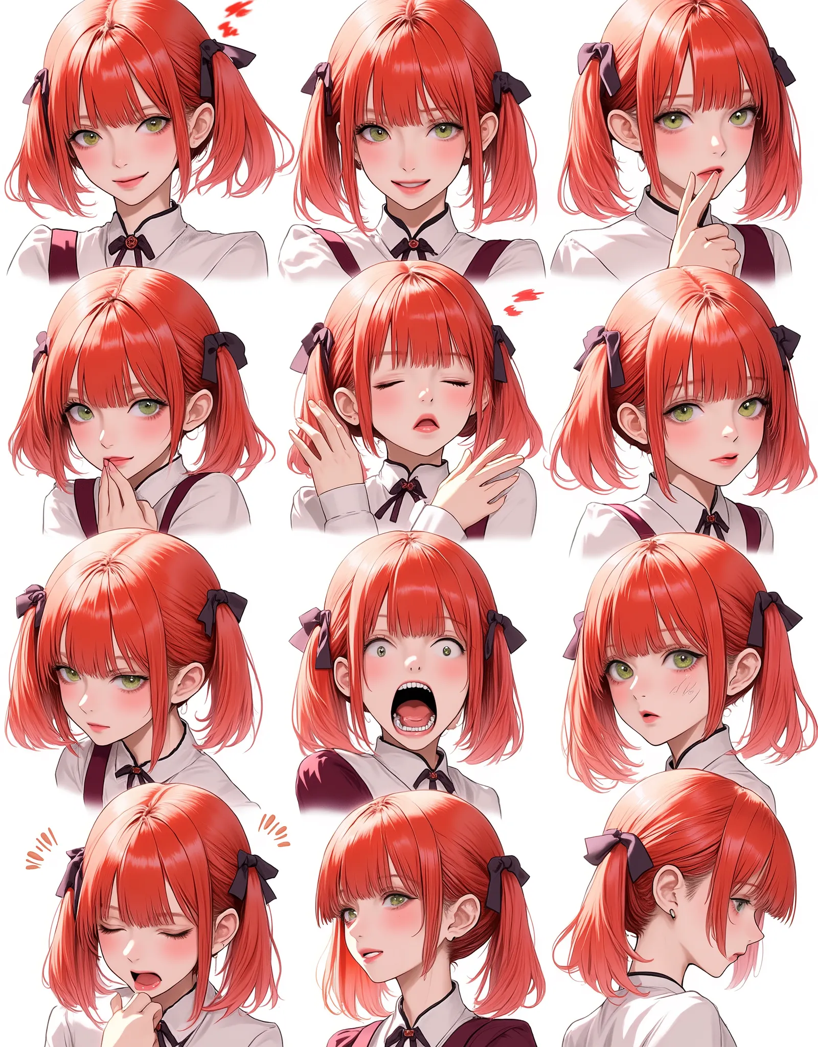 Emotional guide for anime-style OC, 8 basic emotions: joy, sadness, anger, surprise, fear, disgust, embarrassment, determination. Character: red hair, green eyes, fantasy style of clothing. Clean background