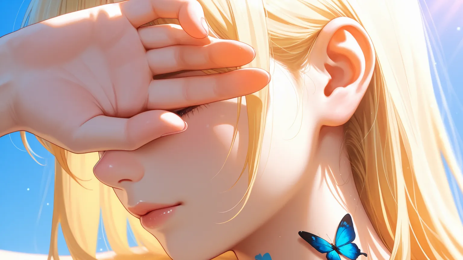 "Close-up portrait of a young woman shielding her eyes from the sunlight with her hand. Her hair is split half black and half blonde, clearly visible. A small butterfly tattoo is partially visible on the side of her neck. The background is a clear blue sky...