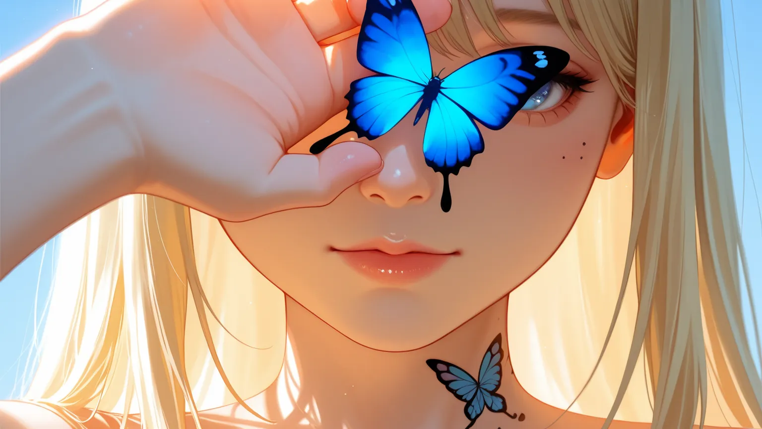 "Close-up portrait of a young woman shielding her eyes from the sunlight with her hand. Her hair is split half black and half blonde, clearly visible. A small butterfly tattoo is partially visible on the side of her neck. The background is a clear blue sky...