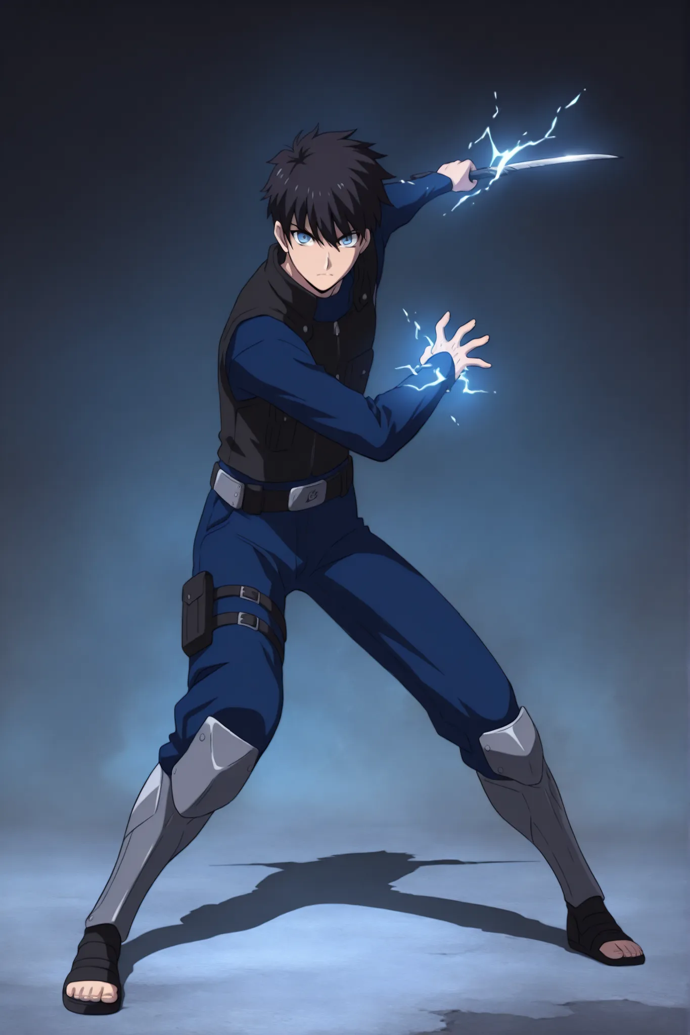 (masterpiece,best quality,ultra_detailed,highres,absurdres:1.2,amazing quality,very aesthetic),tohno shiki,1boy,solo,black hair,short hair,blue eyes,serious,,blue black pants,holding knife,fighting stance,short sword,full body, dark thick high collar black...