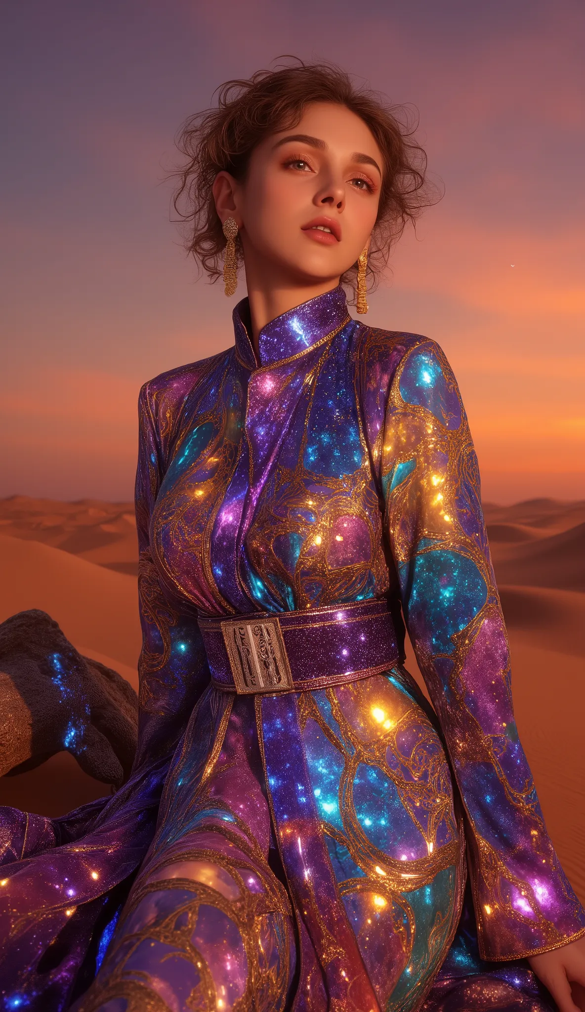 female figure, cosmic goddess theme, flowing cosmic robe with stained glass patterns, vibrant nebula and galaxy textures in garment, golden outlines and intricate abstract shapes, soft serene expression, head tilted back in peace, surreal desert landscape ...