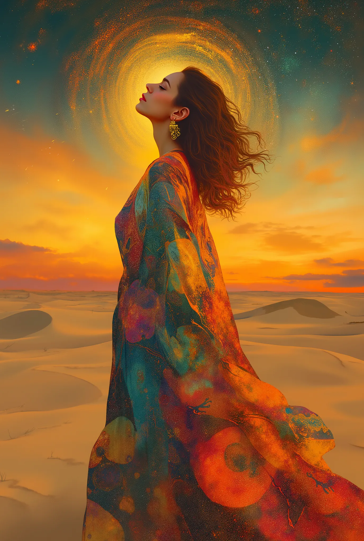 female figure, cosmic goddess theme, flowing cosmic robe with stained glass patterns, vibrant nebula and galaxy textures in garment, golden outlines and intricate abstract shapes, soft serene expression, head tilted back in peace, surreal desert landscape ...