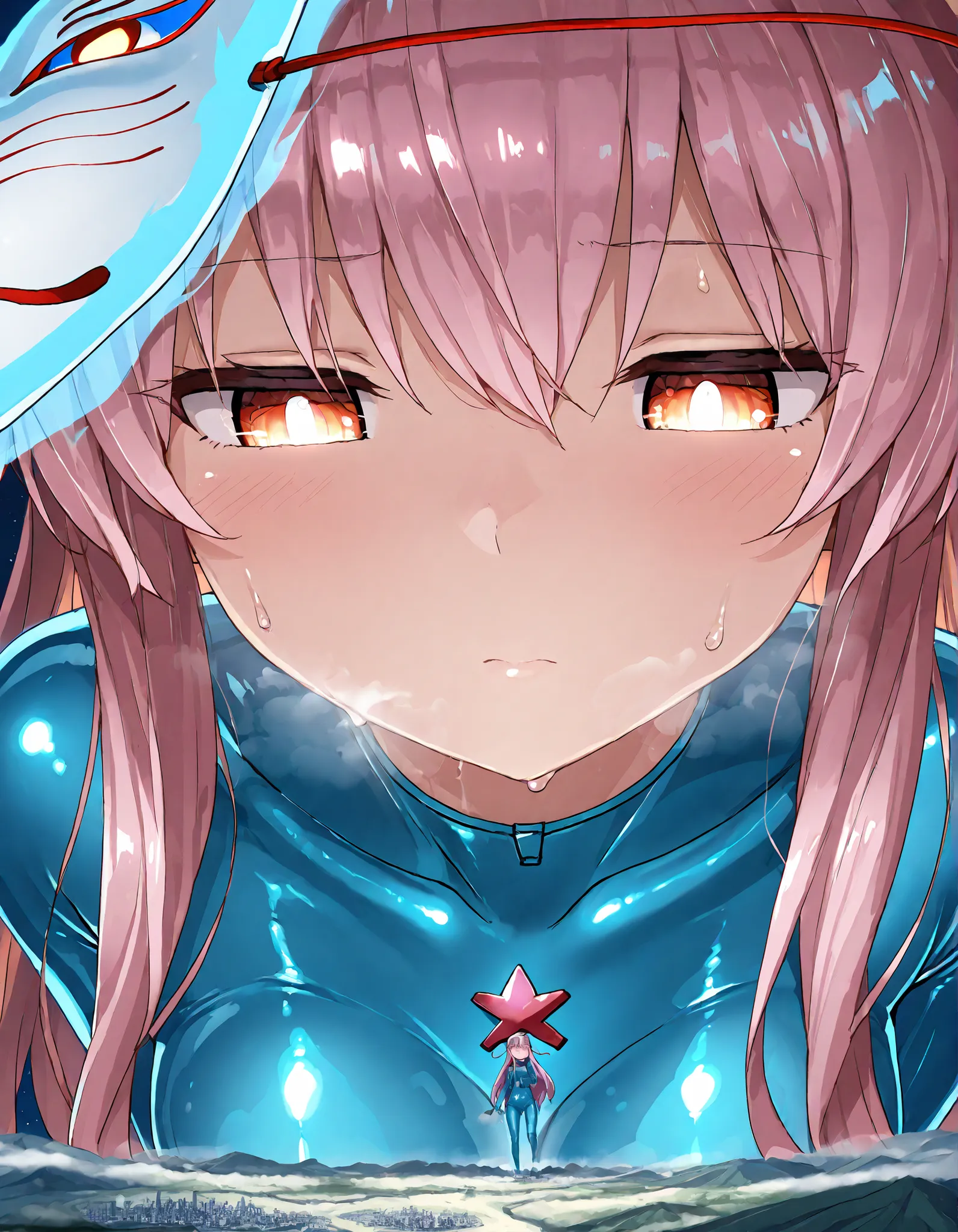(masterpiece, Highest quality, Ultra-high resolution), 1girl, Hata no Kokoro, fox mask, (blue latex bodysuit), sweat, steamy, glossy skin , shiny skin , glistening skin, Macro, Giantess, Landscape, Aerial Perspective, night, cool backlight, close up, focus...