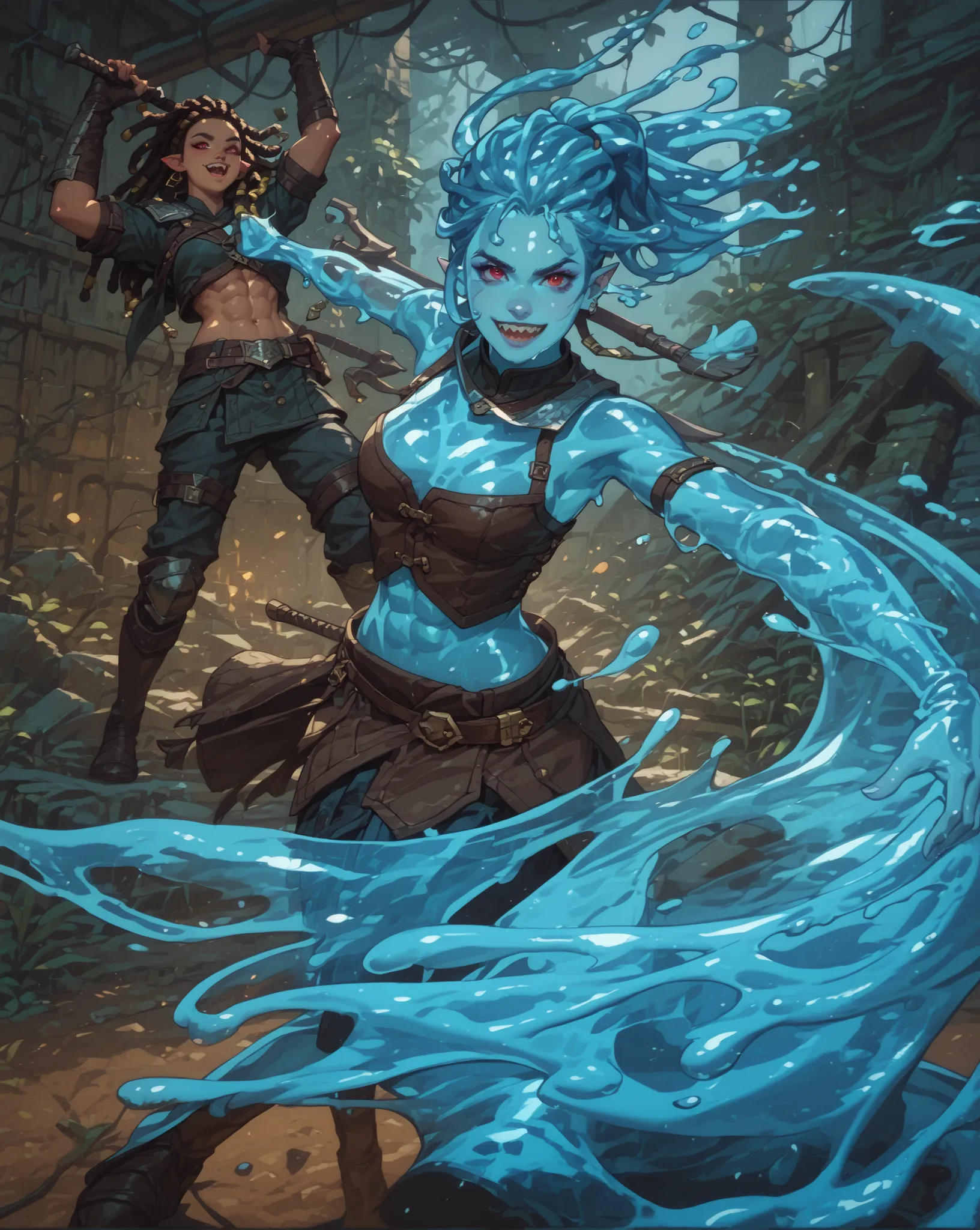 Slender body. Blue and transparent slime-skin. Cute 18-year-old Asian slimegirl with Asian red eyes and sharp teeth and dreadlocks with white highlights. She has a cute and beautiful face. She has a round and young face with a pointy chin. Her slime-body i...