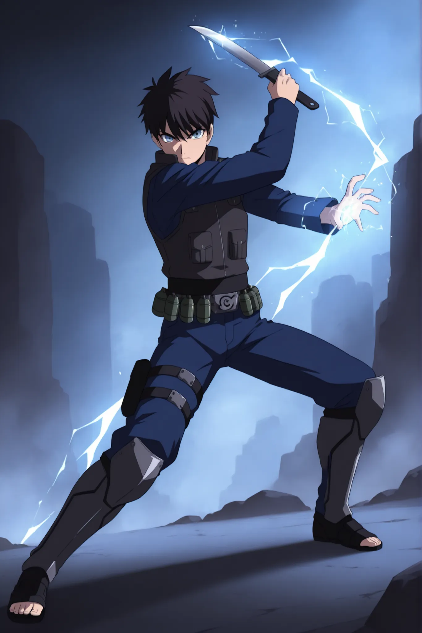 (masterpiece,best quality,ultra_detailed,highres,absurdres:1.2,amazing quality,very aesthetic),tohno shiki,1boy,solo,black hair,short hair,blue eyes,serious,,blue black pants,holding knife,fighting stance,full body, dark thick high collar black shinobi fla...