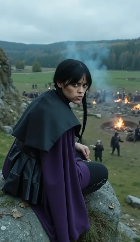 A young warrior girl with caramel tanned skin, black medium length hair, right on top and slightly wavy at the ends, brown eyes, rounded nose tip, and full lips, tents with facial features, inspired by Rihanna. She is wearing a dark purple mystic robe with...