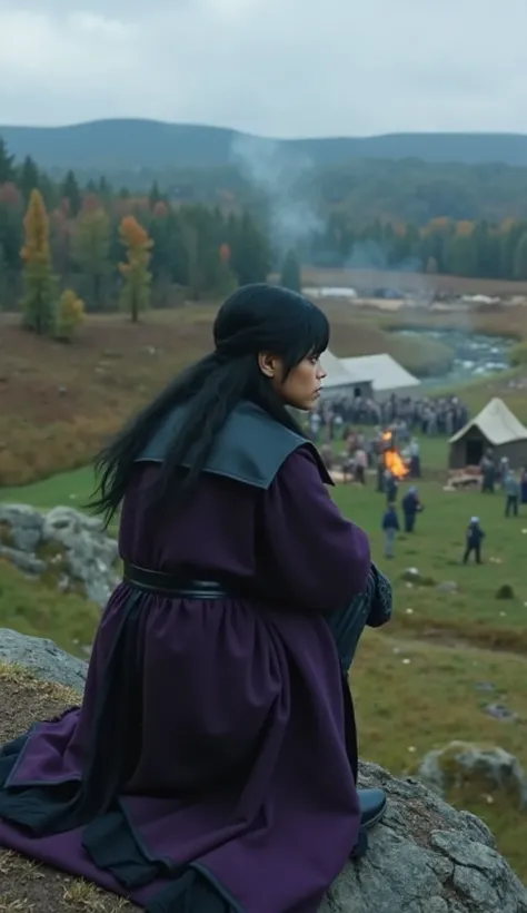 A young warrior girl with caramel tanned skin, black medium length hair, right on top and slightly wavy at the ends, brown eyes, rounded nose tip, and full lips, tents with facial features, inspired by Rihanna. She is wearing a dark purple mystic robe with...