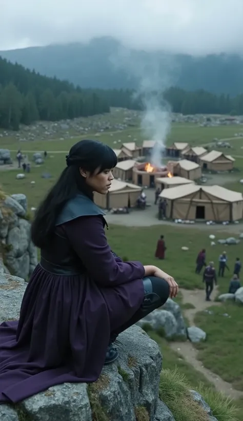 A young warrior girl with caramel tanned skin, black medium length hair, right on top and slightly wavy at the ends, brown eyes, rounded nose tip, and full lips, tents with facial features, inspired by Rihanna. She is wearing a dark purple mystic robe with...