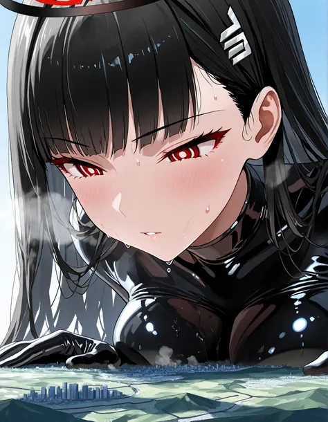
(masterpiece, Highest quality, Ultra-high resolution), 1girl, rio, black hair, red eyes, hair ornament, hairclip, halo, long hair, long hair, (black latex bodysuit), cyber bodysuit, sweat, steamy, glossy skin , shiny skin , glistening skin, Macro, Giantes...