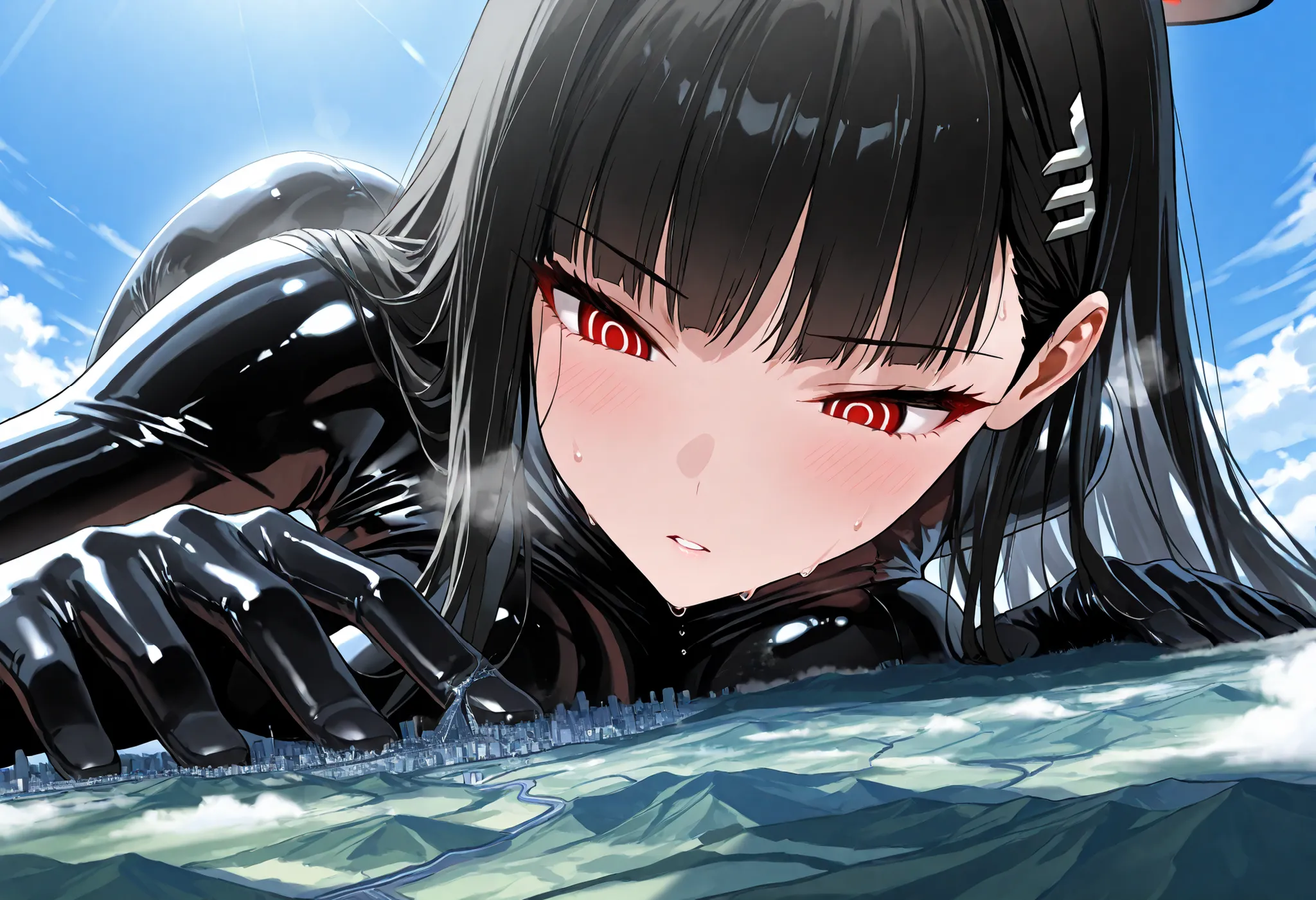(masterpiece, Highest quality, Ultra-high resolution), 1girl, rio, black hair, red eyes, hair ornament, hairclip, halo, long hair, long hair, (black latex bodysuit), cyber bodysuit, sweat, steamy, glossy skin , shiny skin , glistening skin, Macro, Giantes...