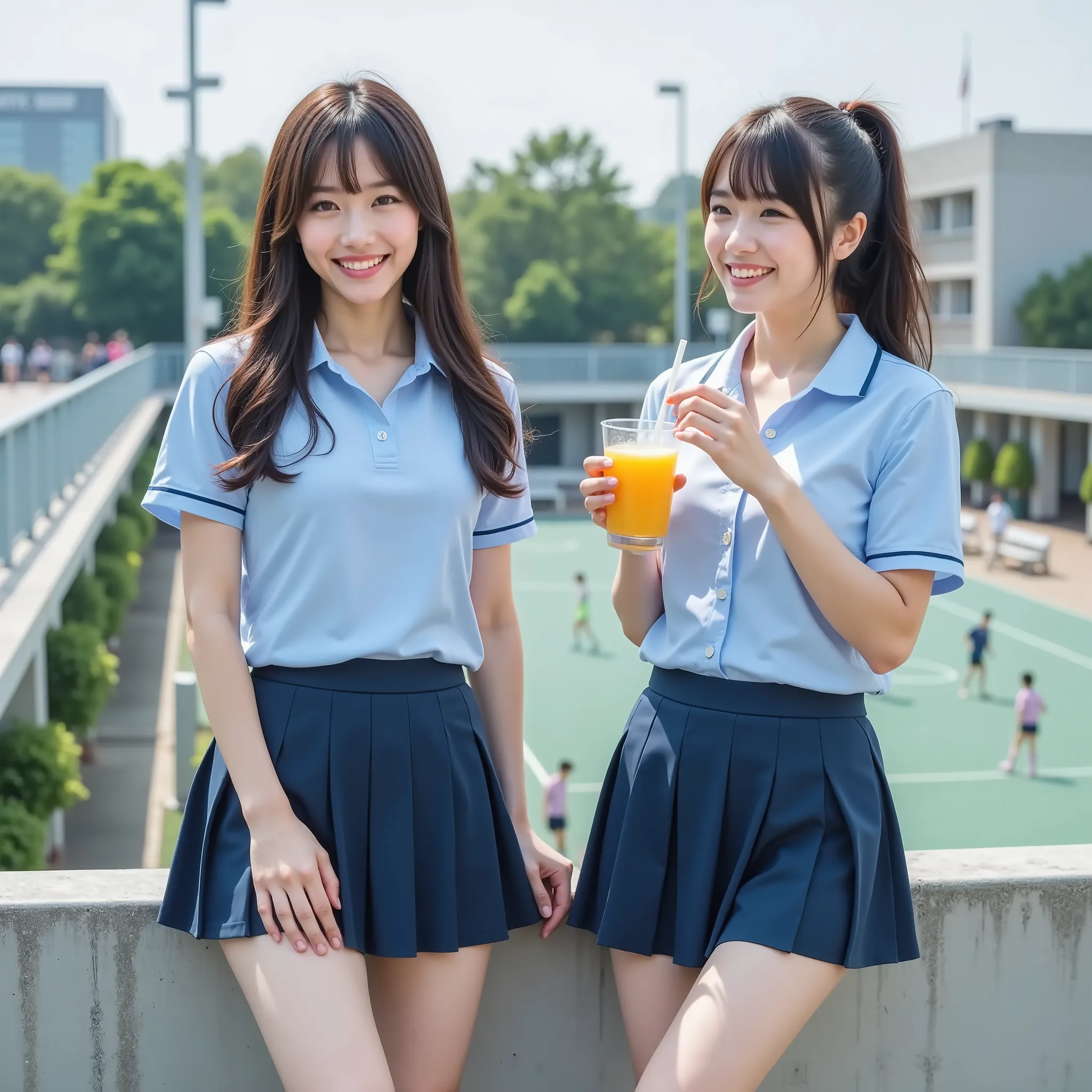 『the atmosphere of the face and hairstyle is different2 Japanese girls in tennis panties:1.9』『real photo:1.3』Highest Quality:1.2、((big breasts))、a slender body,the cleavage is slightly visible、((young 20 year old woman ))、((showing teeth:1.3))、(((anatomica...