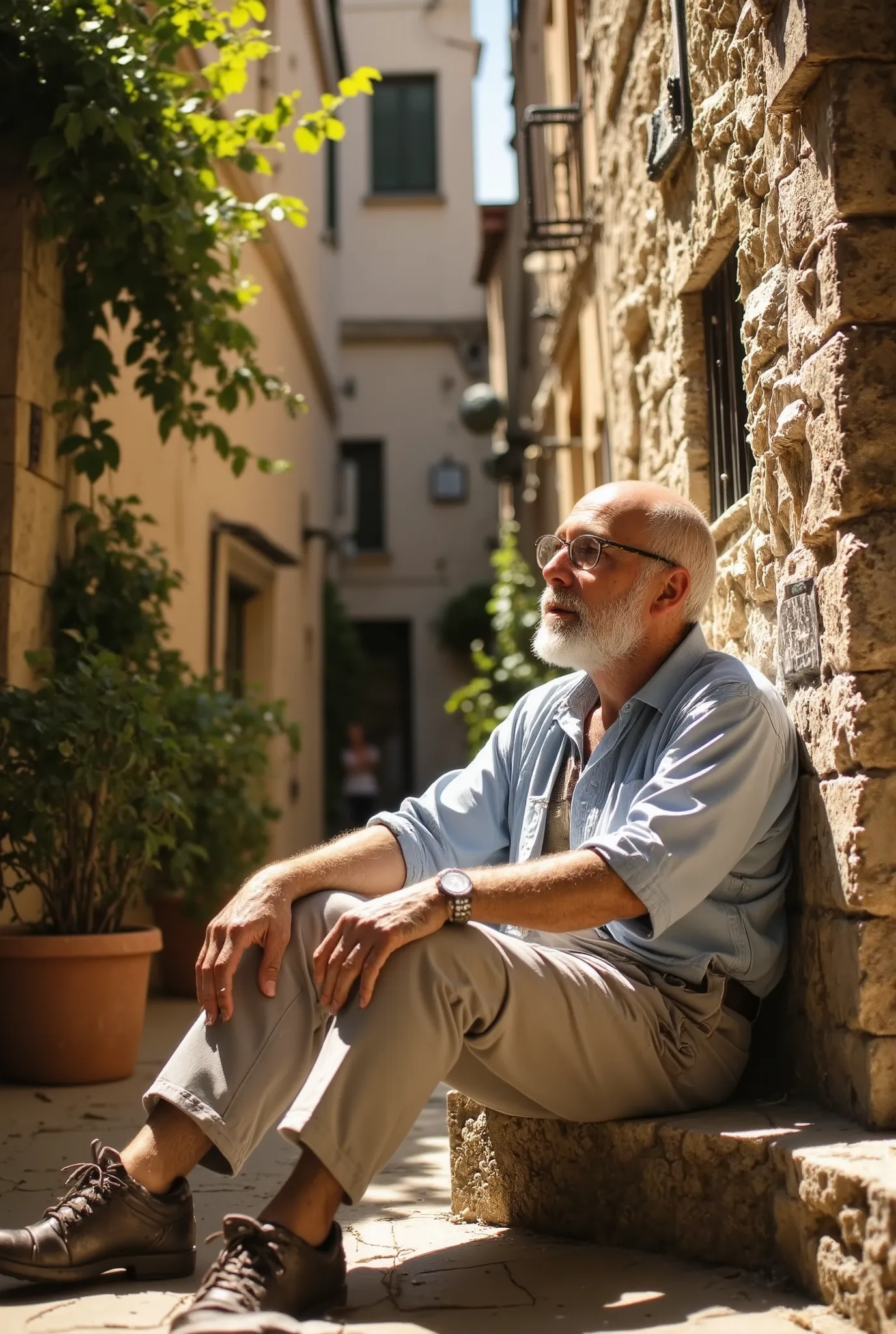 A elder bald bearded man sitting in a charming Mediterranean courtyard, glasses /(on a tuff wall in a ally in Matera, sassi_di_matera)/, wearing a torn light blue shirt, his legs crossed. The scene is bathed in warm golden sunlight, creating soft shadows. ...