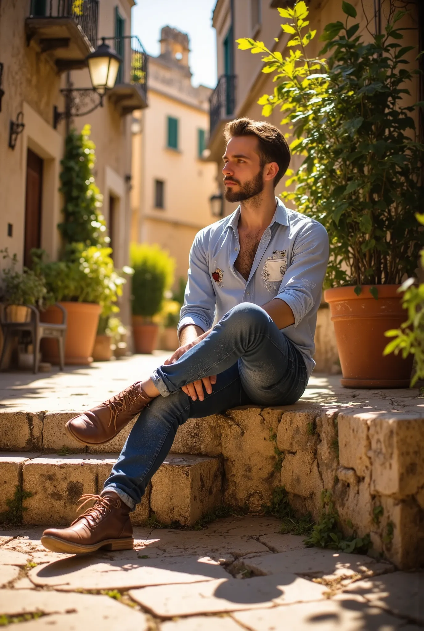 A handsome man sitting in a charming Mediterranean courtyard /(on a tuff wall in a ally in Matera, sassi_di_matera)/, wearing a torn light blue shirt, his legs crossed. The scene is bathed in warm golden sunlight, creating soft shadows. The environment is ...