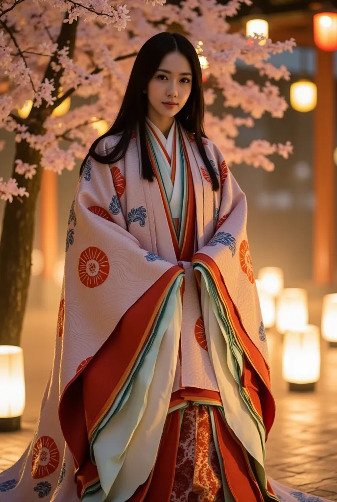 A luminous woman draped in a resplendent 12hitoe stands amidst a celestial haze, layers of silk flowing like whispers of an ancient dream. The intricate Seigaiha wave patterns shimmer under the ethereal glow of lanterns, each fold illuminated with delicate hues of vermilion, indigo, and gold. Cherry blossoms drift in slow motion around them, suspended in a timeless dance. Their presence carries an air of quiet majesty—an otherworldly elegance intertwined with the serenity of centuries past. The atmosphere is imbued with cinematic grandeur, soft bokeh enhancing the radiant textures of their attire, while spectral threads of light weave through the midnight mist, amplifying the surreal beauty of the moment
