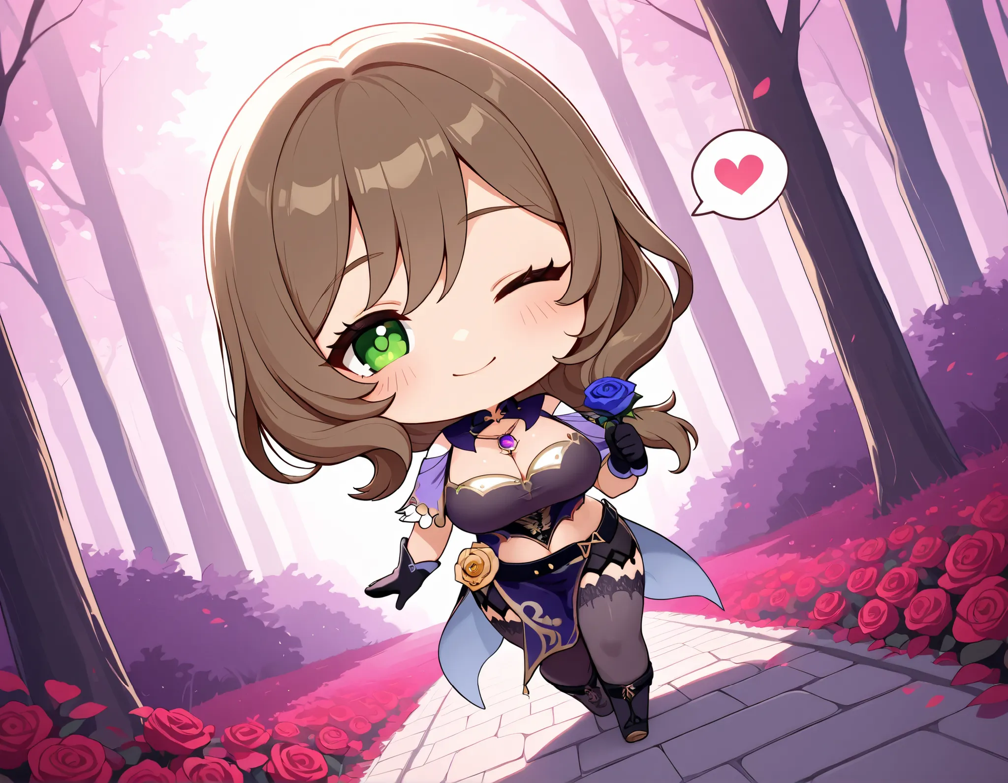 Takeda, 1girl, (chibi, deformed, big head, tiny proportions, cute, simplified, large eyes, cartoon style, round face), large breasts, brown hair, green eyes, (lisa from genshin impact), (tight clothing, tight fit, skin-tight), (visible bra strap, cleavage,...