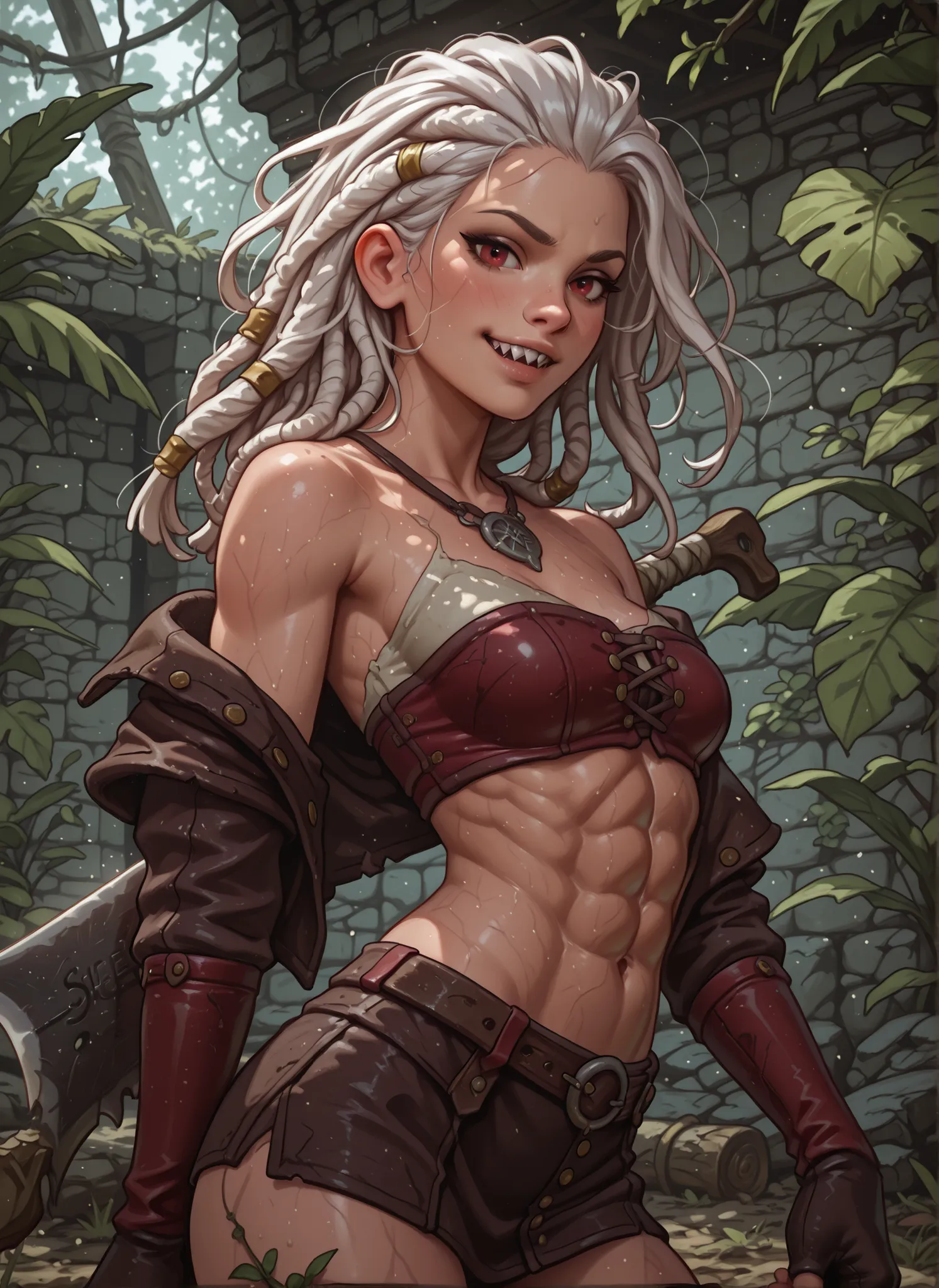Slender body. White skin. Cute 18-year-old Asian girl with Asian red eyes and sharp teeth and dreadlocks with white highlights. She has a cute and beautiful face. She has a round and young face with a pointy chin. Her body is athletic with abs. She wears m...