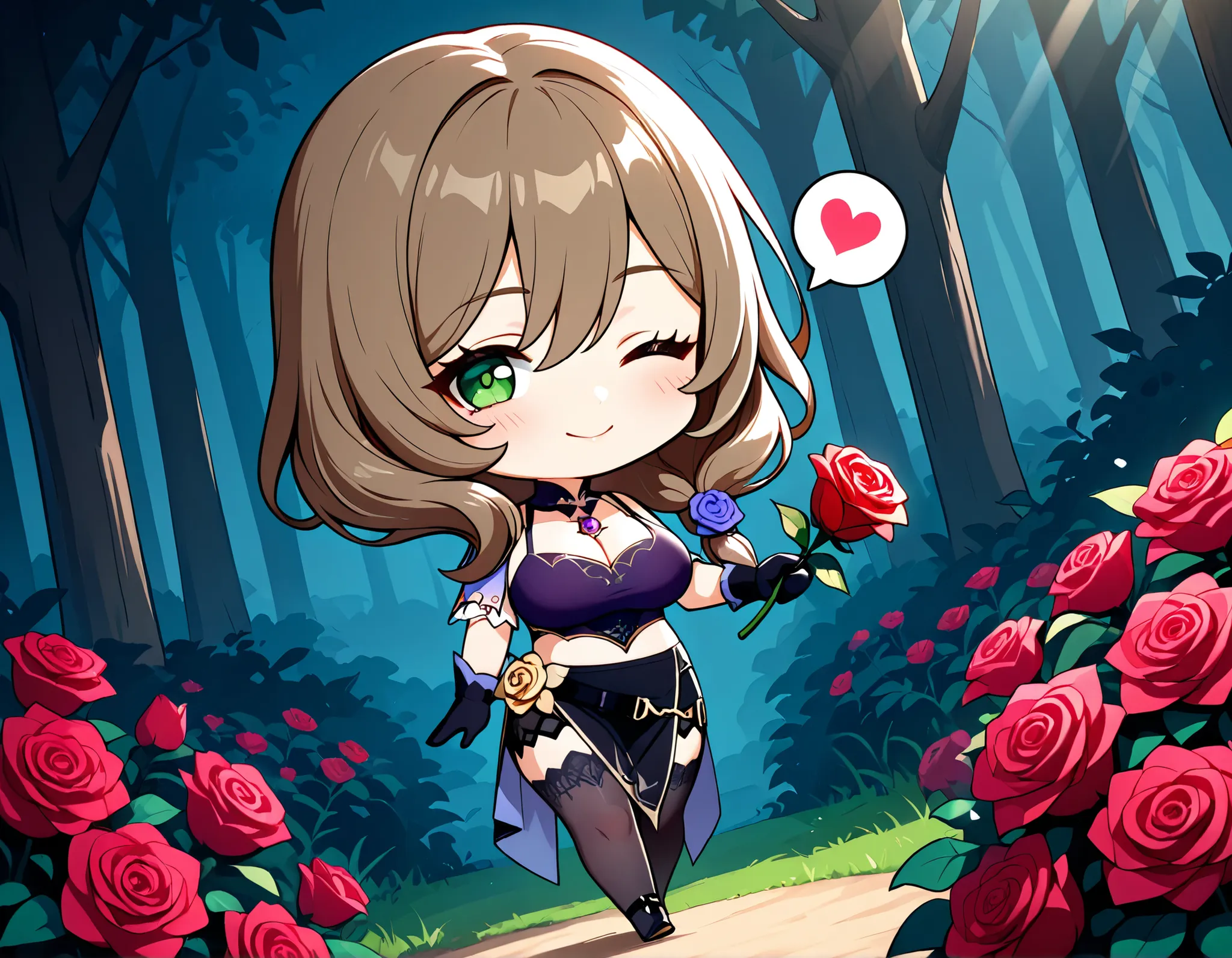 Takeda, 1girl, (chibi, deformed, big head, tiny proportions, cute, simplified, large eyes, cartoon style, round face), large breasts, brown hair, green eyes, (lisa from genshin impact), (tight clothing, tight fit, skin-tight), (visible bra strap, cleavage,...