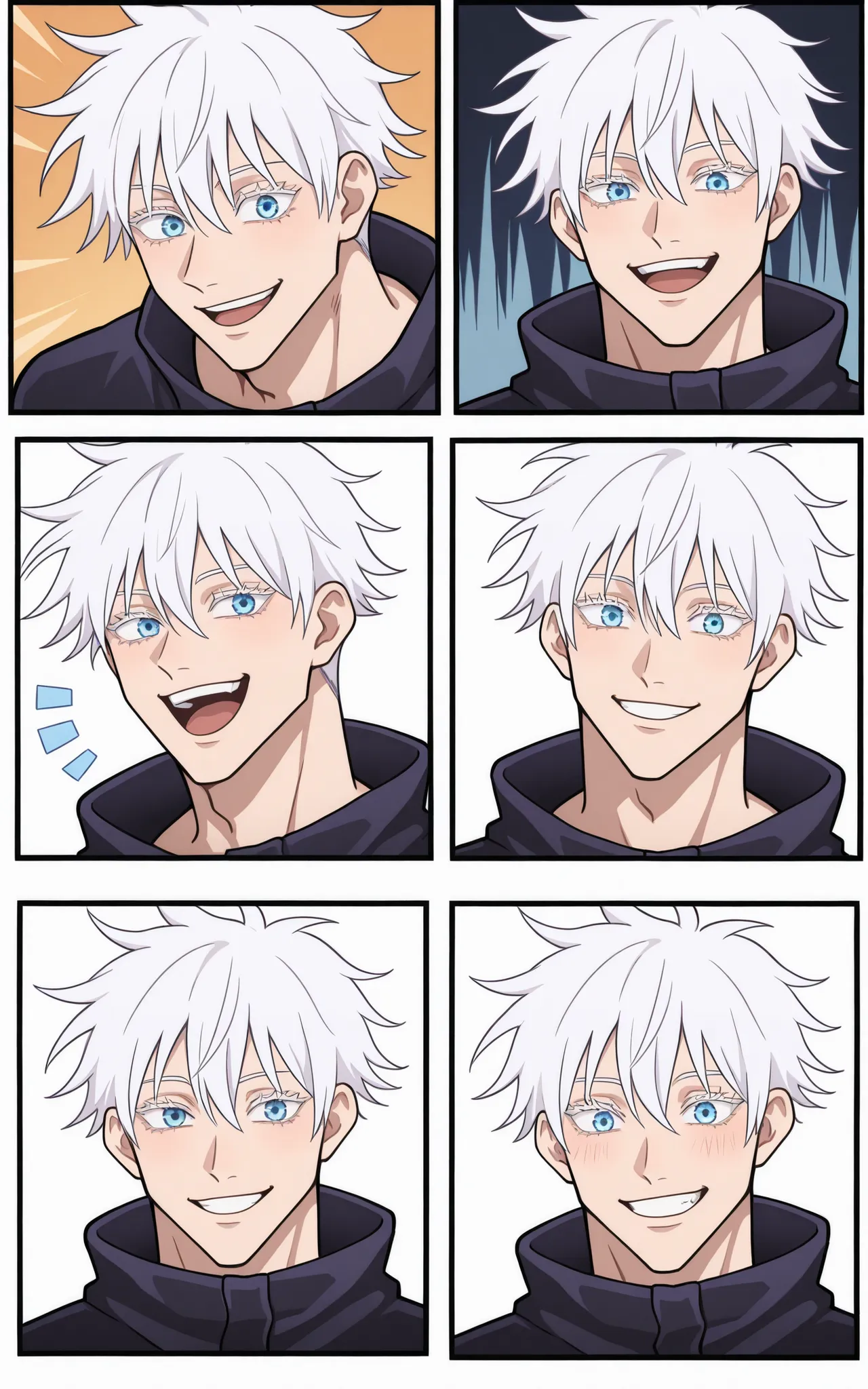 various expressions, smiling, surprised, troubled, angry, annoyed
1man, adult, male focus, gojou satoru, jujutsu kaisen, white hair, short hair, ((hair between eyes)), colored eyelashes, white eyelashes, blue eyes, intricate eye iris, detailed eyes, muscu...