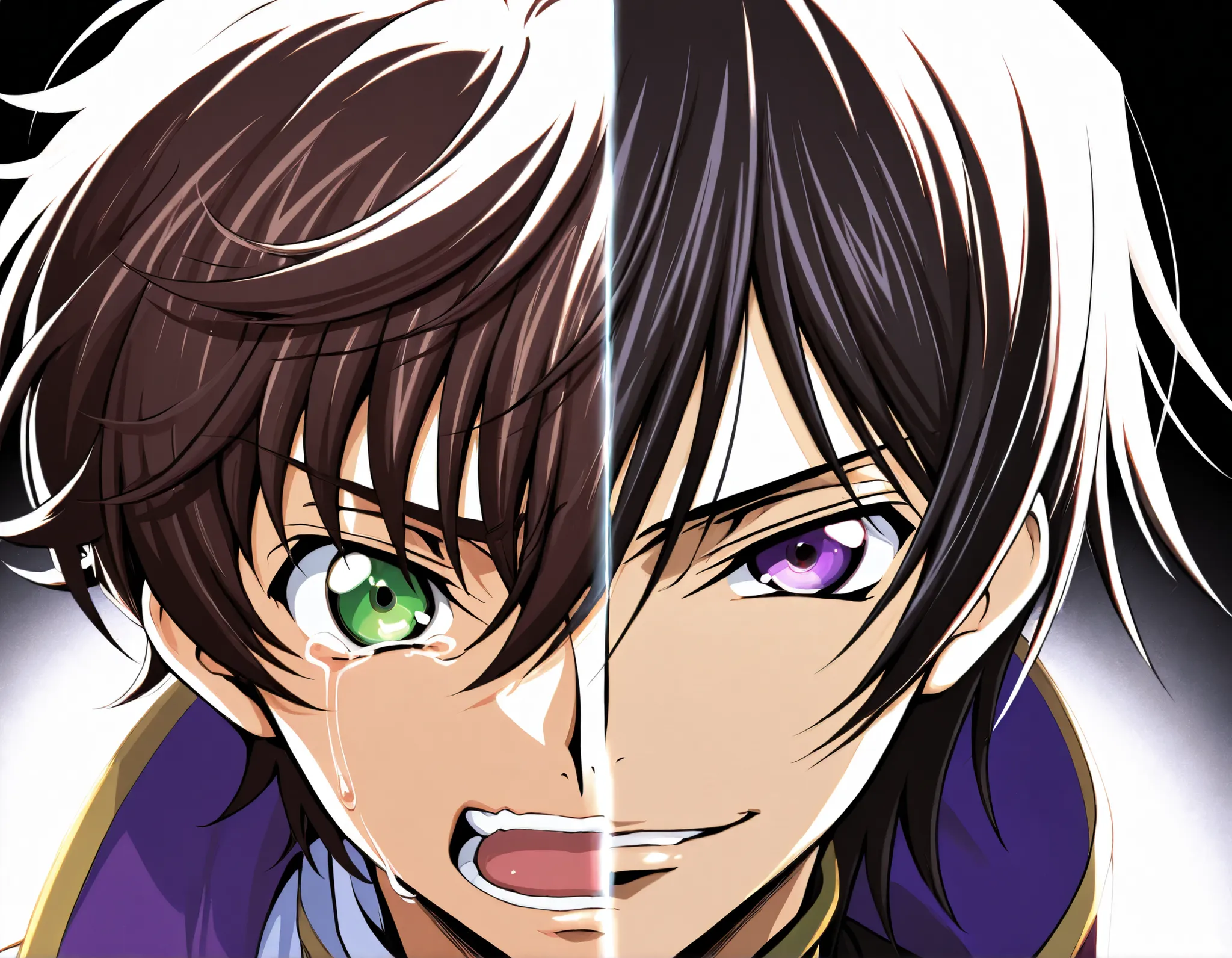 2boys, multiple boys, split_screen, split_theme, two-tone background, left side is black background, white outline, right side is white background, black outline BREAK lelouch_vi_britannia\(code_geass\), black hair, purple eyes, smug, smile, teeth BREAK ku...