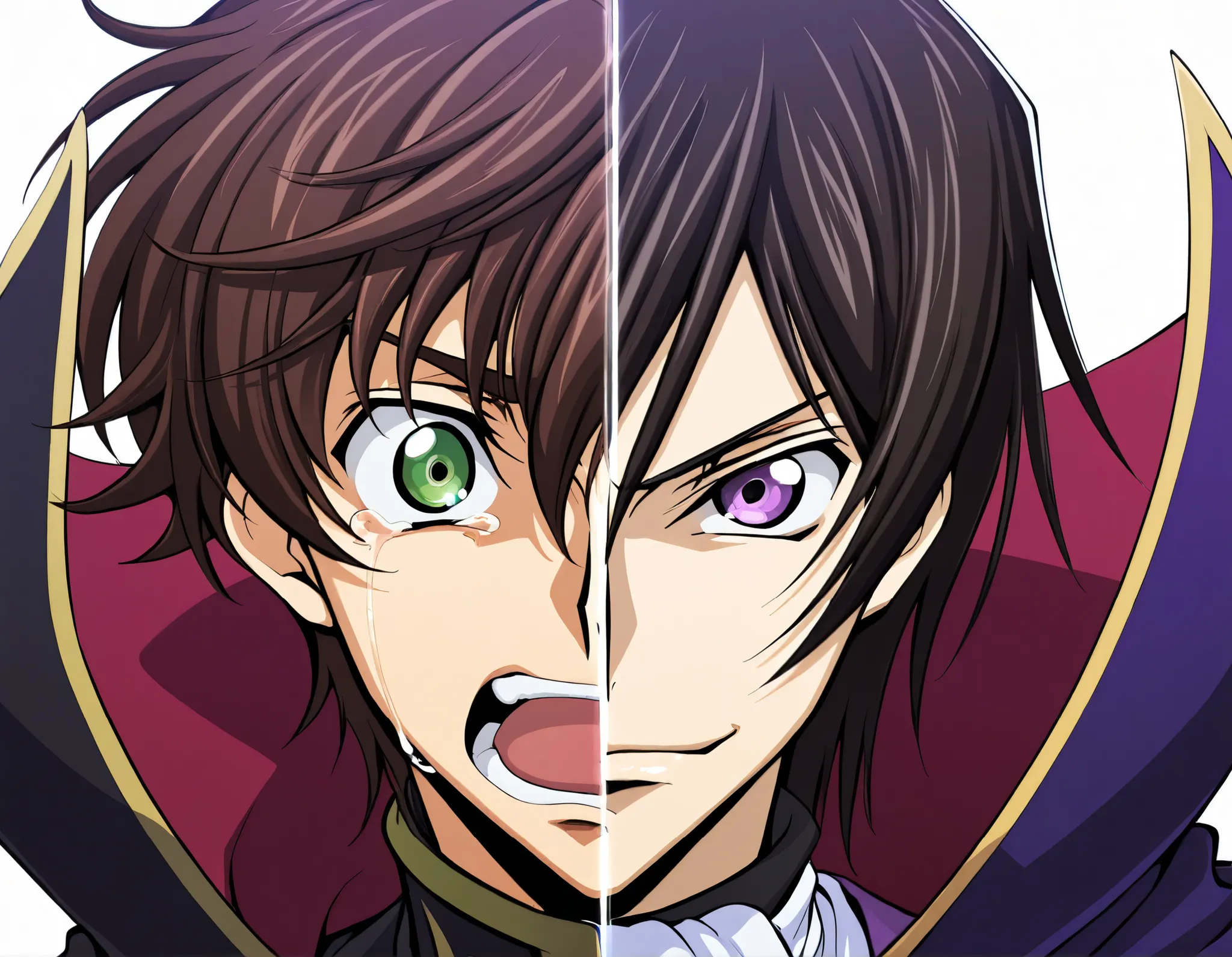 2boys, multiple boys, split_screen, split_theme, two-tone background, left side is black background, white outline, right side is white background, black outline BREAK lelouch_vi_britannia\(code_geass\), black hair, purple eyes, smug, smile, teeth || kurur...