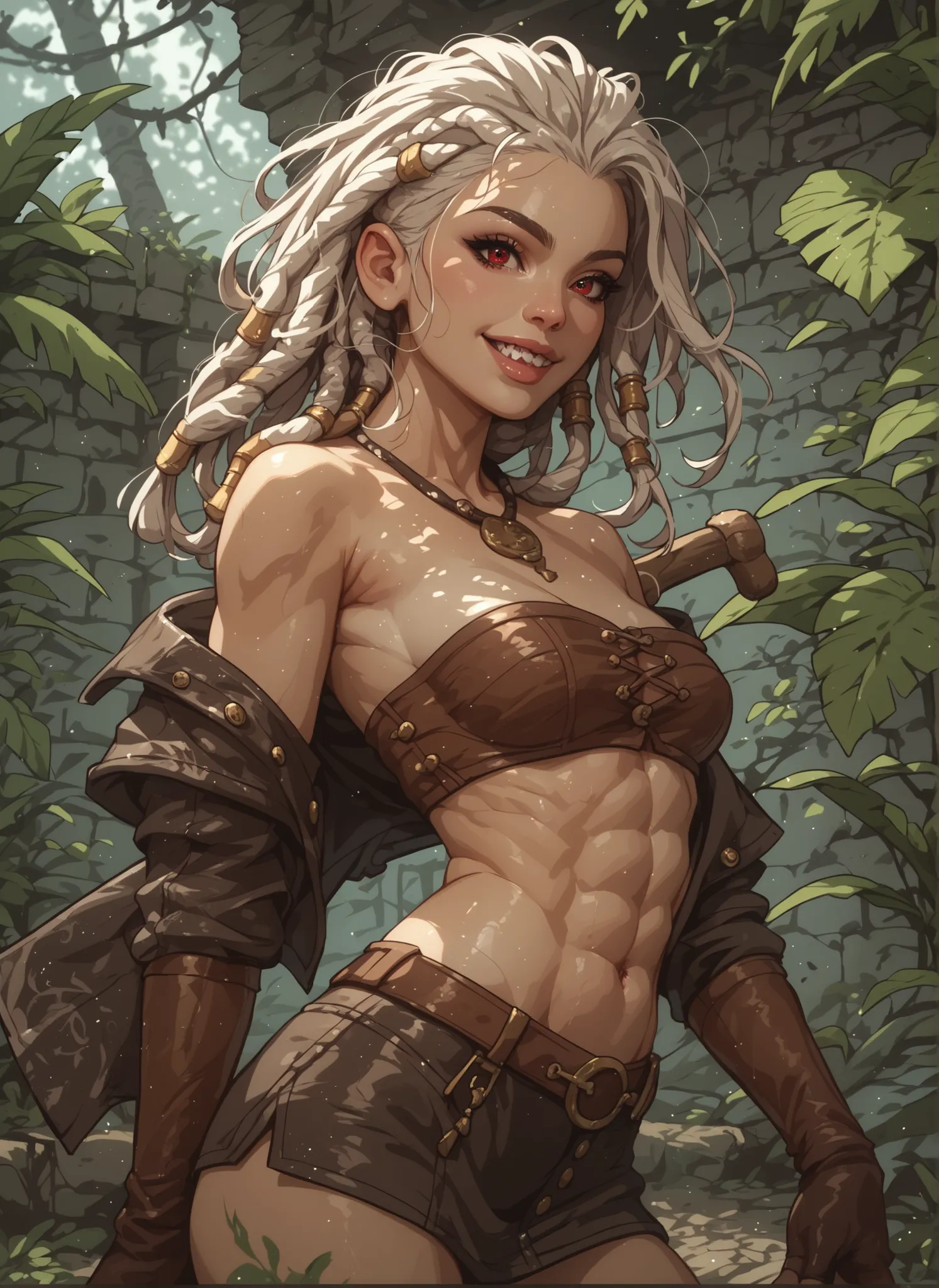Slender body. White skin. Cute 18-year-old Asian girl with Asian red eyes and sharp teeth and dreadlocks with white highlights. She has a cute and beautiful face. She has a round and young face with a pointy chin. Her body is athletic with abs. She wears m...