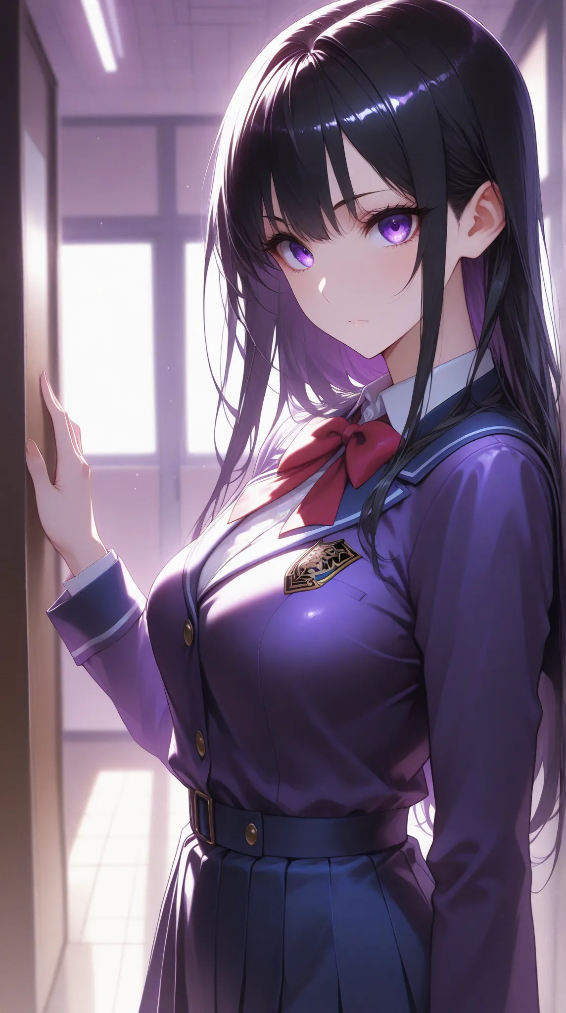  medium breasts, long black hair , Deep purple eyes ,  ager. school uniform. s, lost look. extremely beautiful.