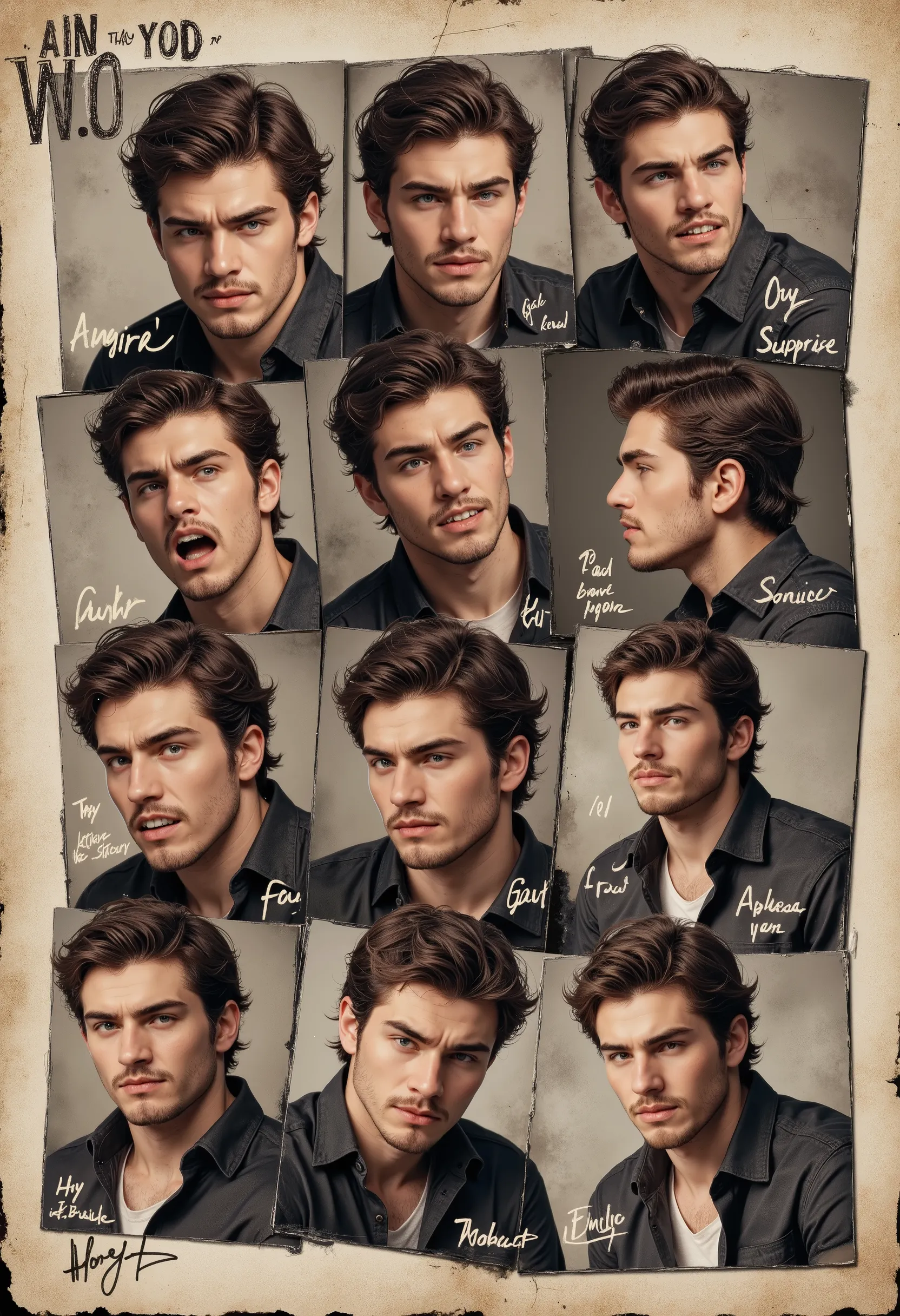 The emotional guide for the O.C. for the movie, 8 basic emotions: joy, sadness, anger, surprise, fear, disgust, embarrassment, determination. Character: romantic hero, young man.Collage in the form of film frames with digital and text markings.
