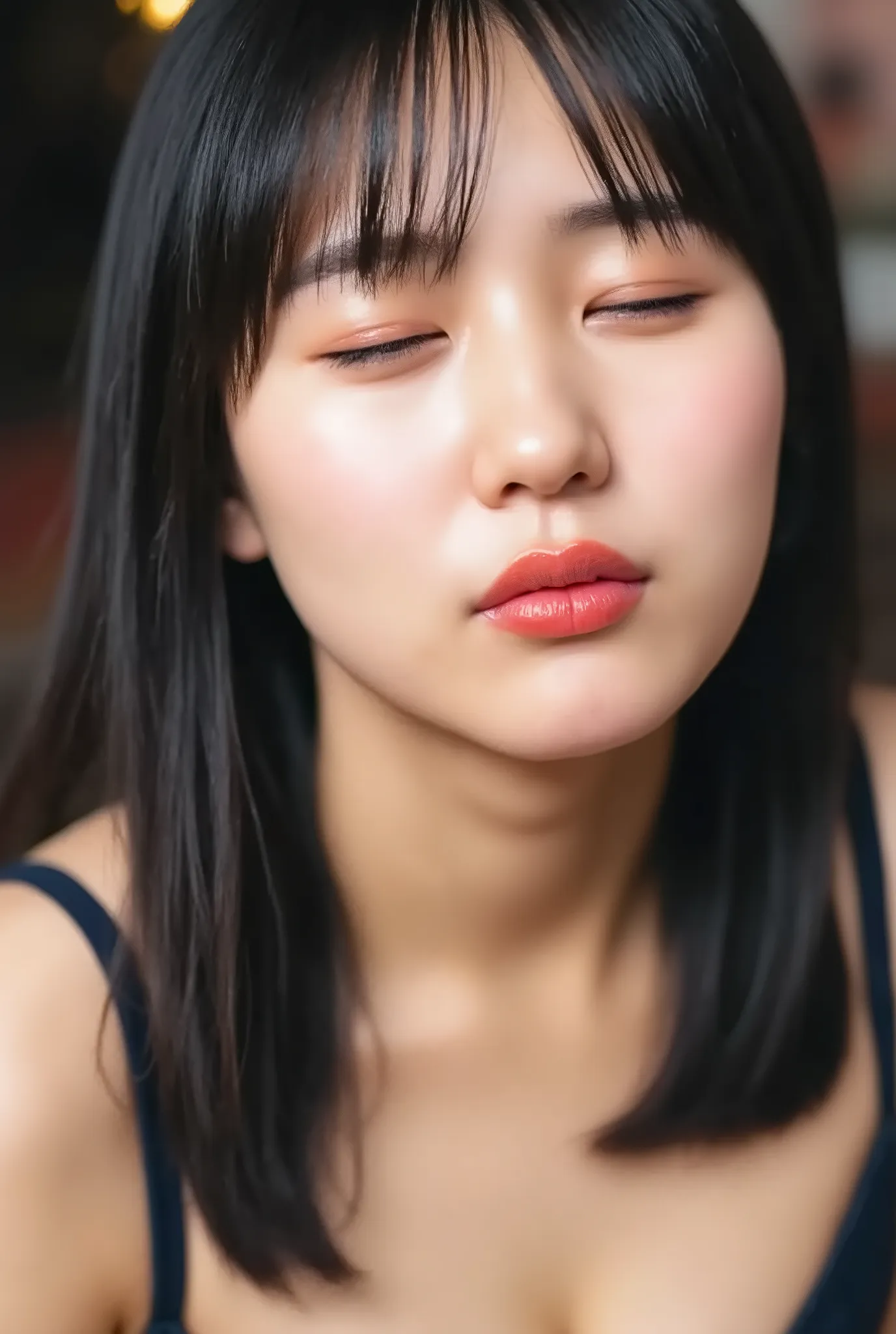 beautiful young woman, eyes closed, euphoric smile, extremely puckered lips, lips pushed far forward, tight kissy mouth, lips forming a sharp O-shape, exaggerated kiss face, heart-shaped lips, ultra glossy pink lips, flushed cheeks, ears blushing, black ca...