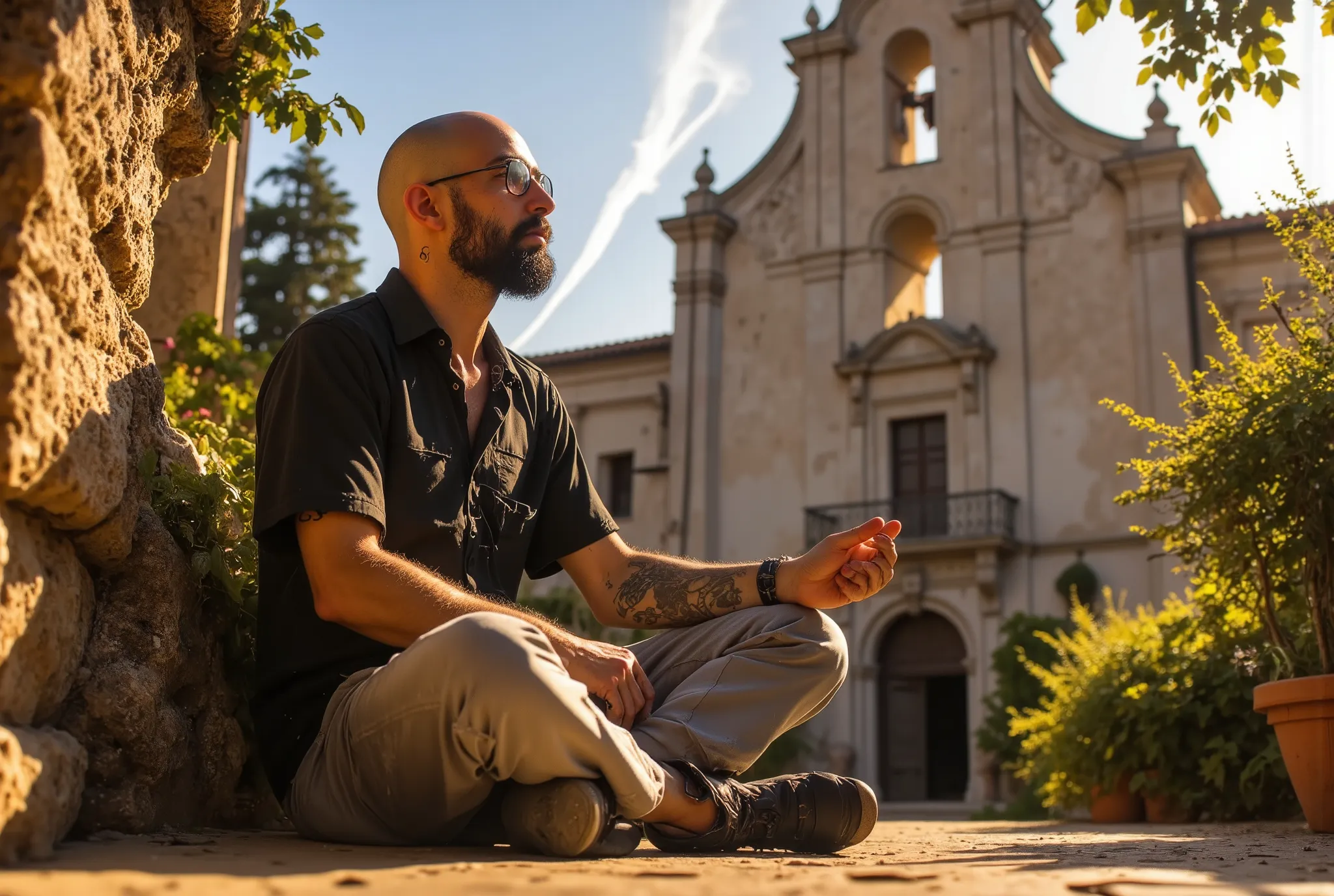 A elder bald /(black hair)/ short bearded man sitting in a charming Mediterranean courtyard, glasses /(on a tuff wall in a ally in Matera, sassi_di_matera)/, wearing a torn black shirt, grey pants, his legs crossed in loto yoga pose. The scene is bathed in...