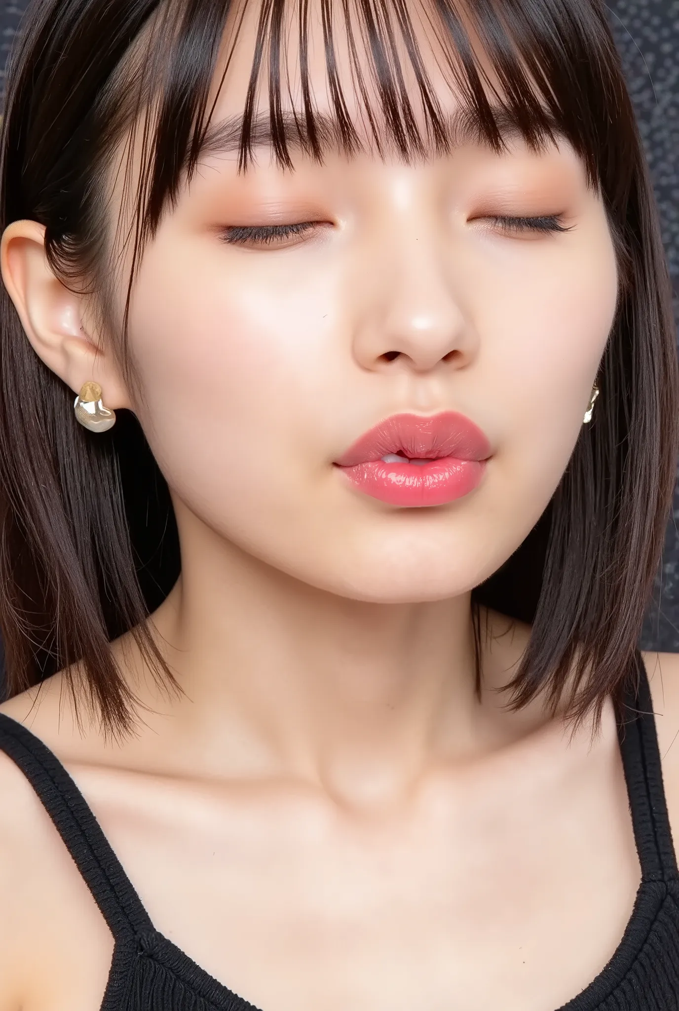 beautiful young woman, eyes closed, euphoric smile, extremely puckered lips, lips pushed far forward, tight kissy mouth, lips forming a sharp O-shape, exaggerated kiss face, heart-shaped lips, ultra glossy pink lips, flushed cheeks, ears blushing, black ca...