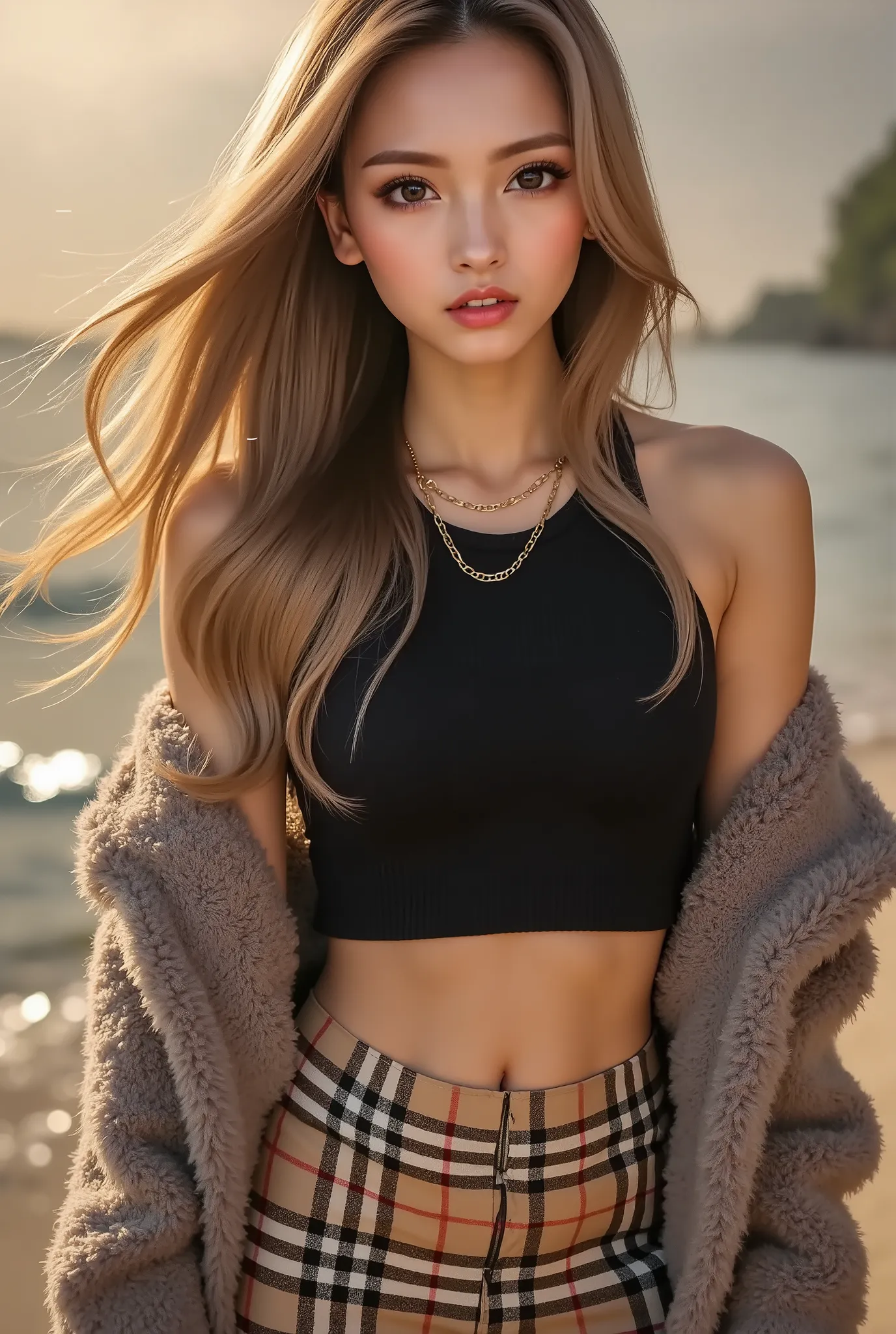 Cool Beauty, Blonde shiny silky wavy long hair,Passionate and explicit expression, charming eyes, Transcendental Style , I'm wearing a black wide crop top with open shoulders and an oversized knit, fluffy, girly sweater, Burberry check flared skirt, Blac...