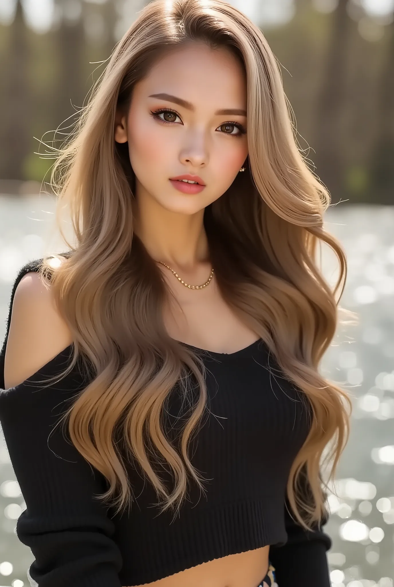 Cool Beauty, Blonde shiny silky wavy long hair,Passionate and explicit expression, charming eyes, Transcendental Style , I'm wearing a black wide crop top with open shoulders and an oversized knit, fluffy, girly sweater, Burberry check flared skirt, Blac...