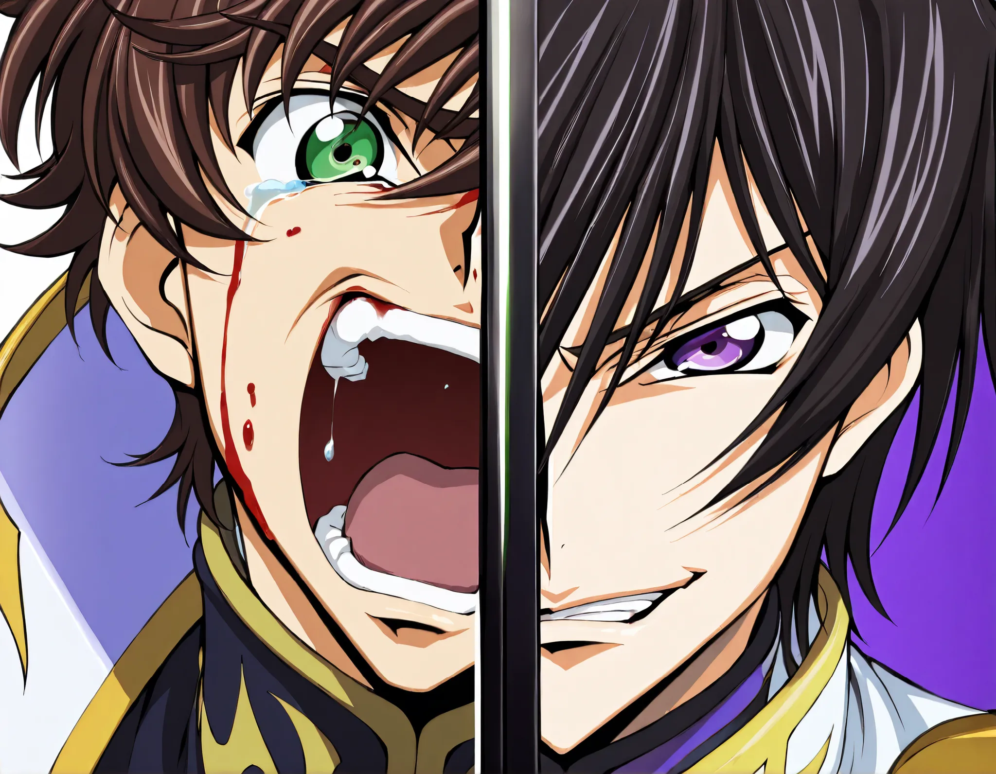 2boys, multiple boys, split_screen, split_theme, two-tone background, left side, (lelouch_vi_britannia\(code_geass\), black outfit, black hair, purple eyes, smug, smile, teeth, blood on face), right side, (kururugi_suzaku\(code_geass\), brown hair, green e...