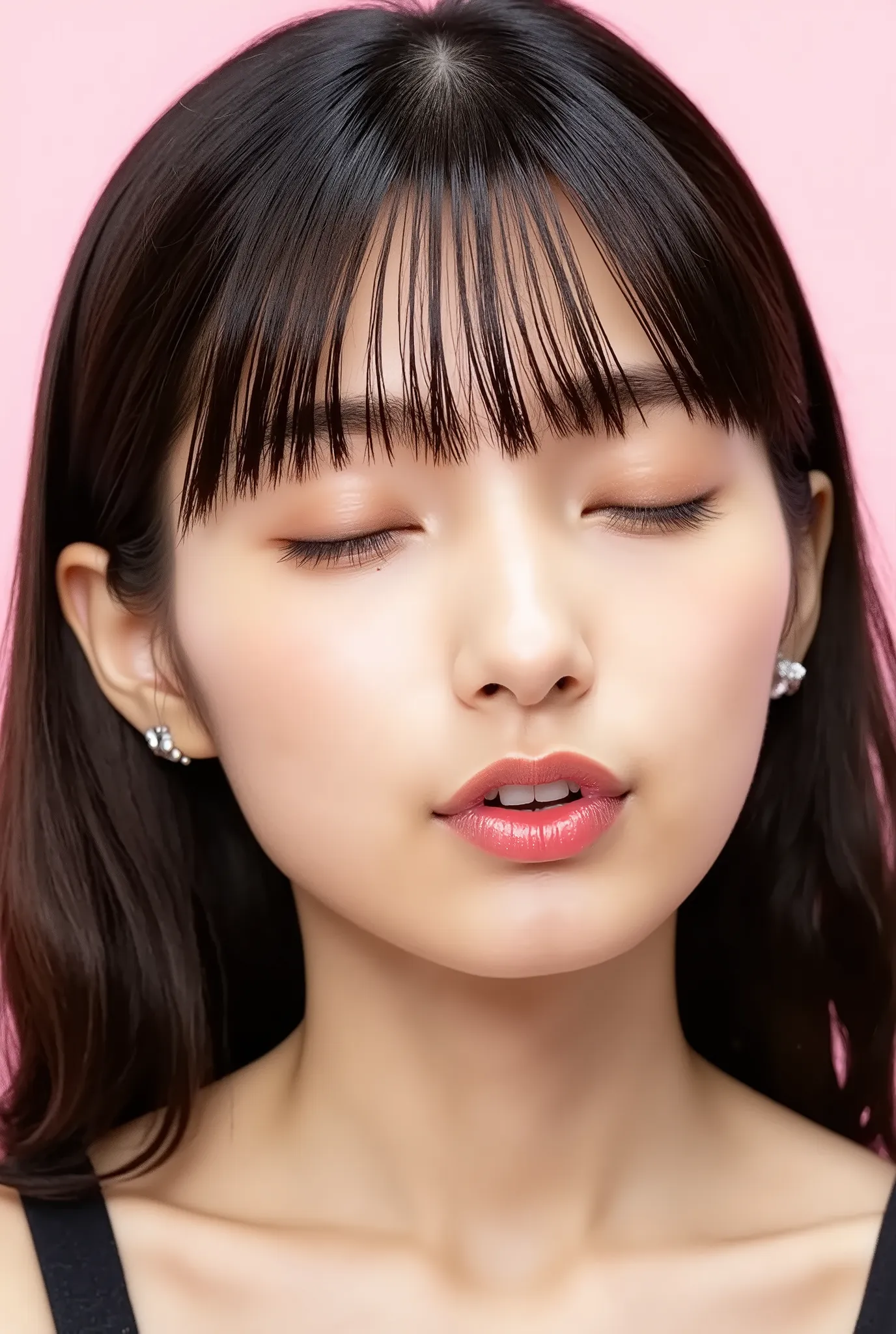 beautiful young woman, eyes closed, euphoric smile, extremely puckered lips, lips pushed far forward, tight kissy mouth, lips forming a sharp O-shape, exaggerated kiss face, heart-shaped lips, ultra glossy pink lips, flushed cheeks, ears blushing, black ca...