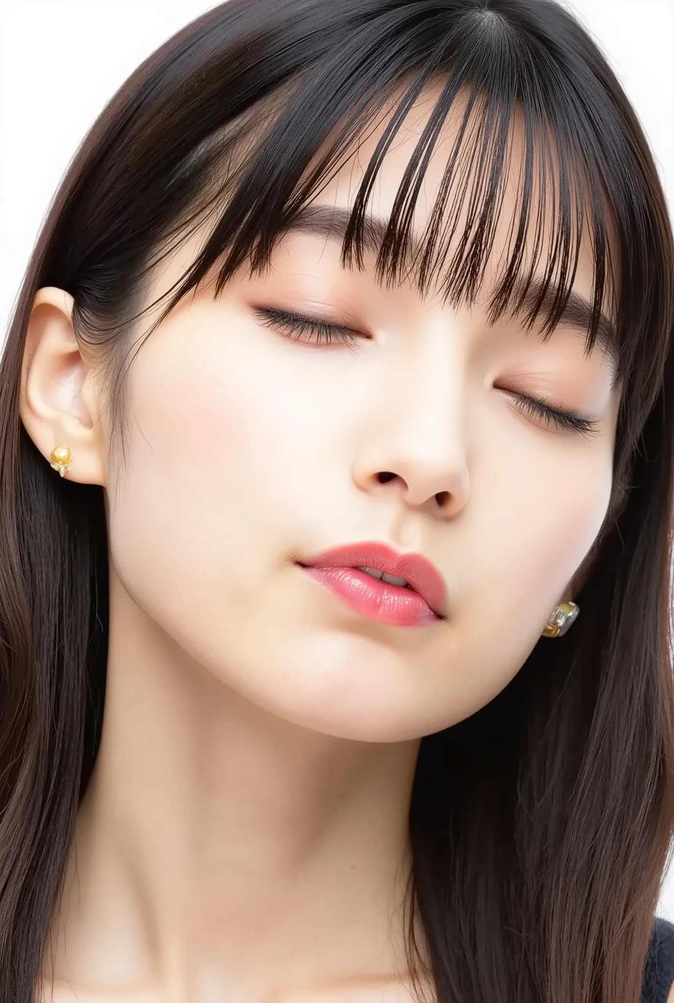 beautiful young woman, eyes closed, euphoric smile, extremely puckered lips, lips pushed far forward, tight kissy mouth, lips forming a sharp O-shape, exaggerated kiss face, heart-shaped lips, ultra glossy pink lips, flushed cheeks, ears blushing, black ca...