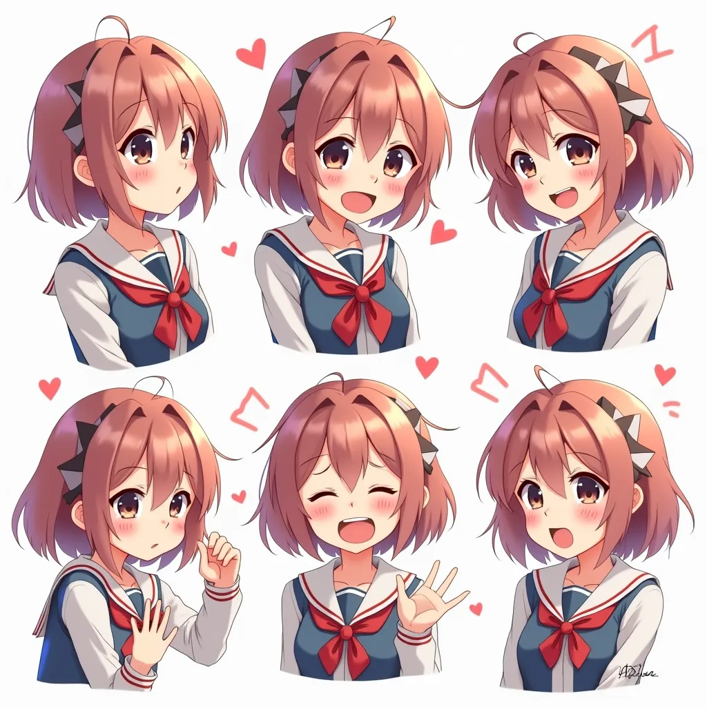 Cute anime girl in school uniform, displaying 6 different emotions in a codex layout, with large expressive eyes, blushing cheeks, and dynamic poses, inspired by the works of Noizi Ito, Mutsumi Inomata, and Range Murata, with soft cell shading, vibrant colors, and highly detailed anime art style reminiscent of pixiv and anime keyframes, on a white background.