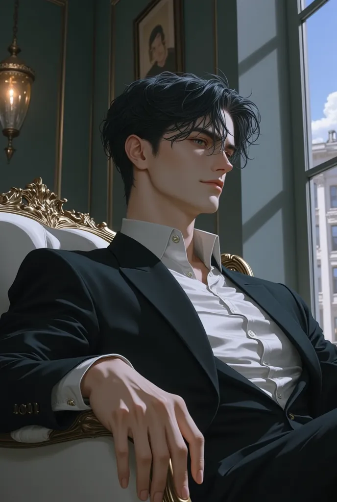 cinematográfico, (obra-prima), (melhor qualidade), (ultra-detalhado), muito estético, ilustração, ilustração realista, composição perfeita, detalhes intrincados, absurdos, rosto detalhado, (anime, obra-prima, intrincado:1.3), (melhor qualidade, texturas de alta resolução, alto nível de detalhes:1.2), (4k),(incrivelmente detalhado:1.4), olhos detalhados, sombra realista, ((solo)), ((homem)), (27 anos), jovem, bonito, rosto marcante, mandíbula forte, rosto expressivo, homem jovem, cabelo curto, corte moderno, sorriso leve, modelo, roupas (social de luxo) cores azul-marinho com preto, na sala de uma mansão grande de luxo, móveis de luxo, alto padrão, luz do dia, parede em tom neutro, quadros com pinturas abistratas, enorme lustre de cristal iluminando o ambiente, luz do dia, raios de sol invadem a sala, pose aleatória ((sentado na poltrona)) homem com presença marcante, mobília da mansão tem tom branco com adorno preto, mesa de centro em madeira escura, chão de mármore branco, janelas enormes com cortinas, visão breve do ambiente, foco no rosto do personagem