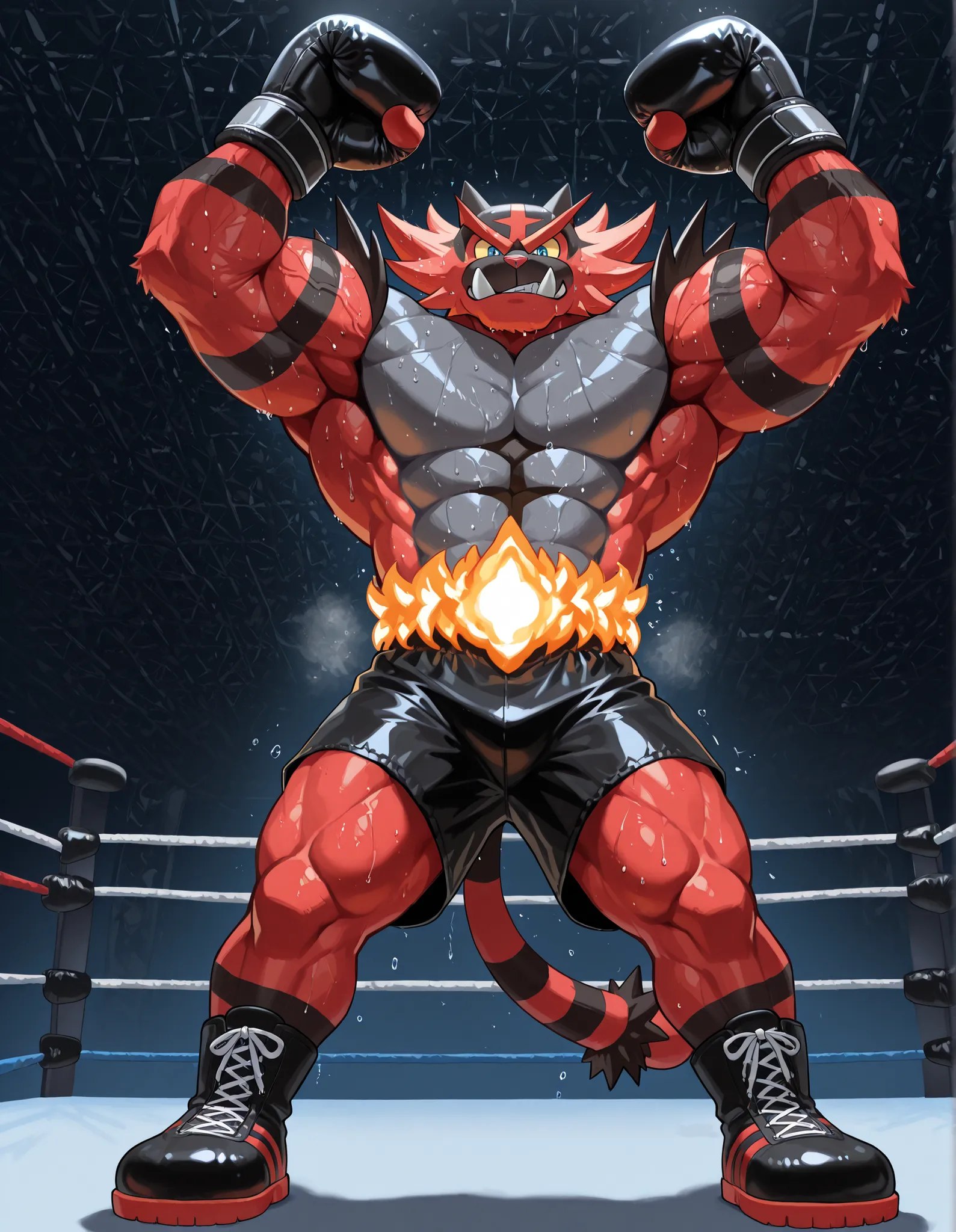 Incineroar, anthro male, high quality, full body, looking down at viewer, looking up from directly below, solo, boxing ring background, black boxing gloves, thick very veiny arms, very muscular, black boxing shorts, black boxing shoes, heavyweight boxing c...