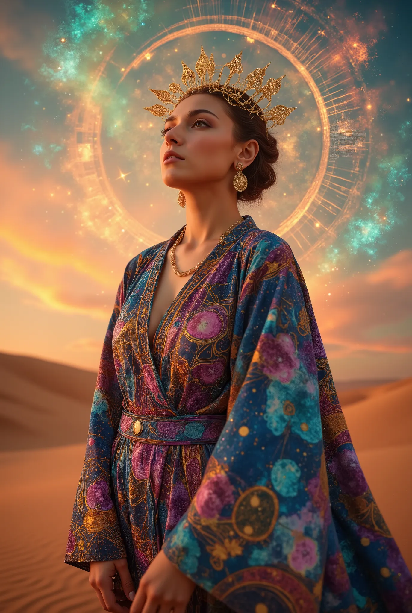female figure, cosmic goddess theme, flowing cosmic robe with stained glass patterns, vibrant nebula and galaxy textures in garment, golden outlines and intricate abstract shapes, soft serene expression, head tilted back in peace, surreal desert landscape ...