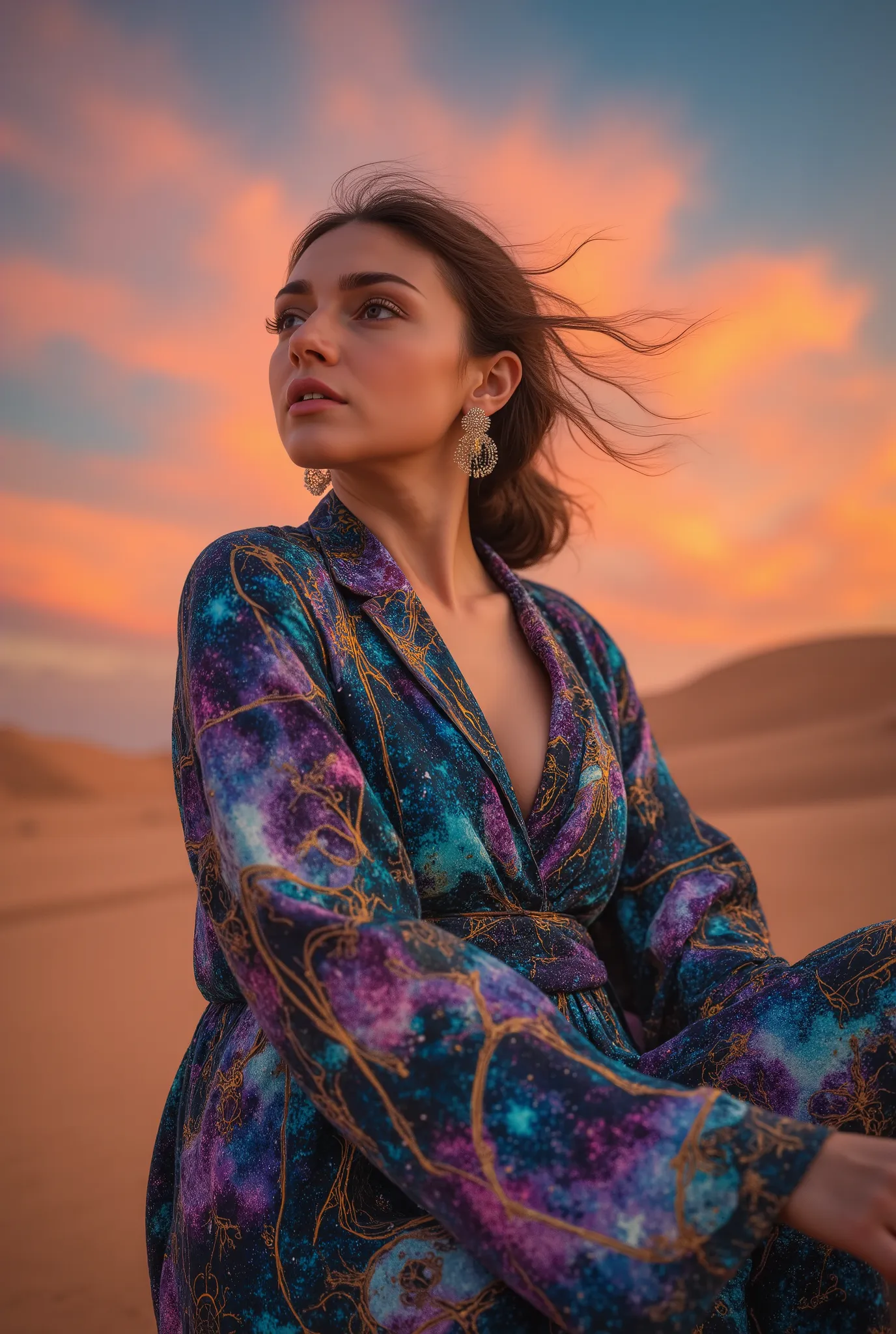 female figure, cosmic goddess theme, flowing cosmic robe with stained glass patterns, vibrant nebula and galaxy textures in garment, golden outlines and intricate abstract shapes, soft serene expression, head tilted back in peace, surreal desert landscape ...