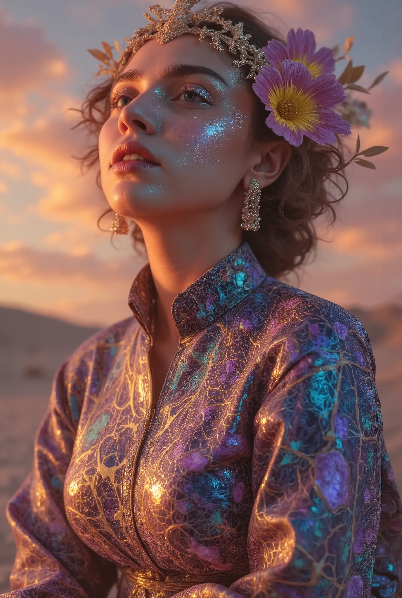 female figure, cosmic goddess theme, flowing cosmic robe with stained glass patterns, vibrant nebula and galaxy textures in garment, golden outlines and intricate abstract shapes, soft serene expression, head tilted back in peace, surreal desert landscape ...