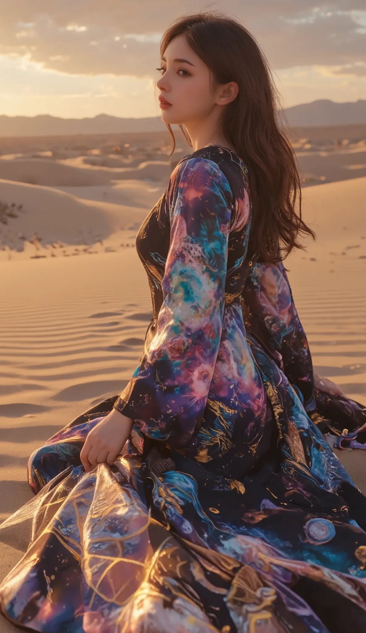 female figure, cosmic goddess theme, flowing cosmic robe with stained glass patterns, vibrant nebula and galaxy textures in garment, golden outlines and intricate abstract shapes, soft serene expression, head tilted back in peace, surreal desert landscape ...