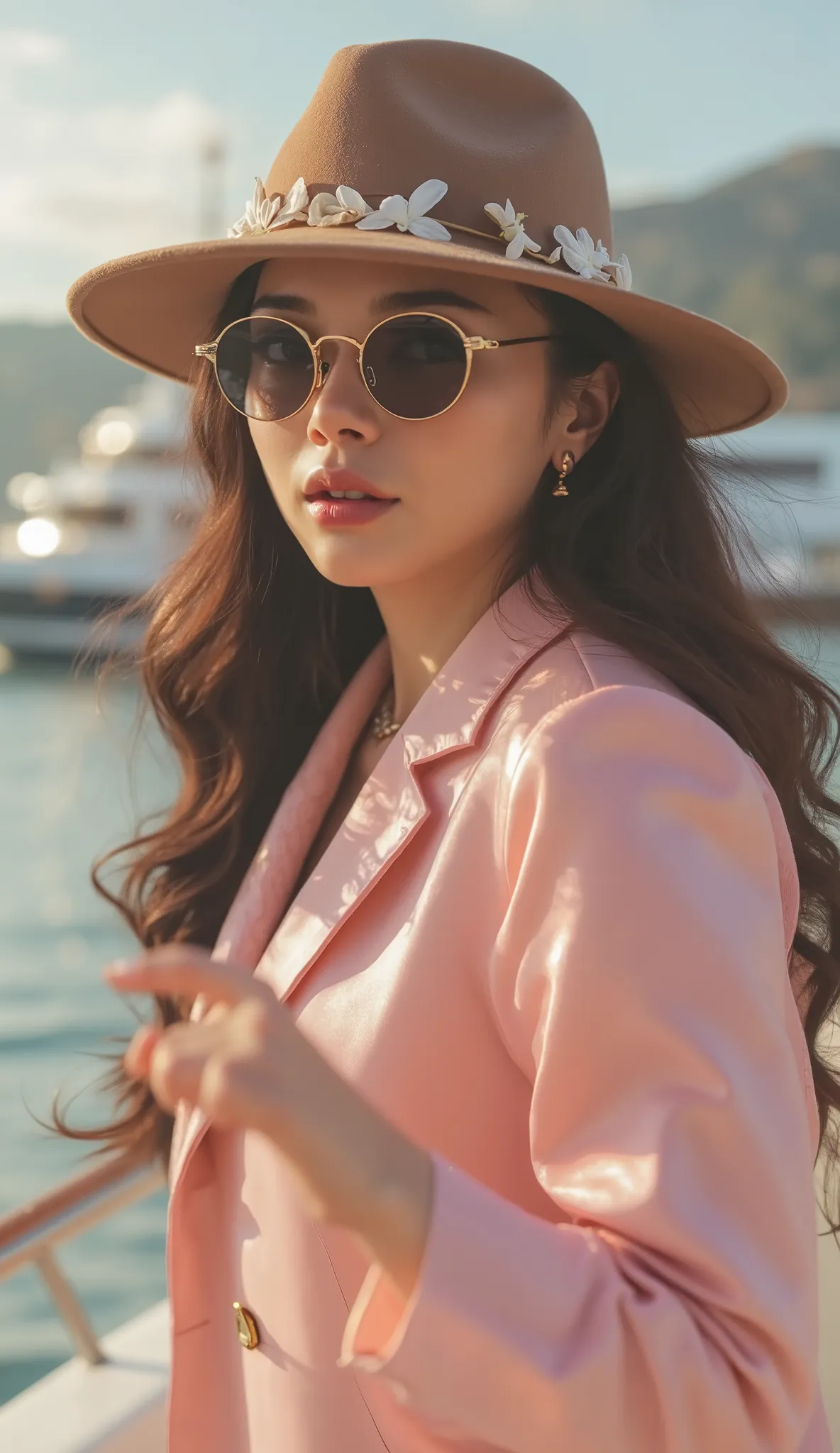 Masterpiece, best quality, detail and sharp, high resulution of potrait A korean woman standing aside pose with long, smooth straight hair stands on a yacht, wearing a pink-colored double-breasted blazer in white tanktop with gold buttons over a matching s...