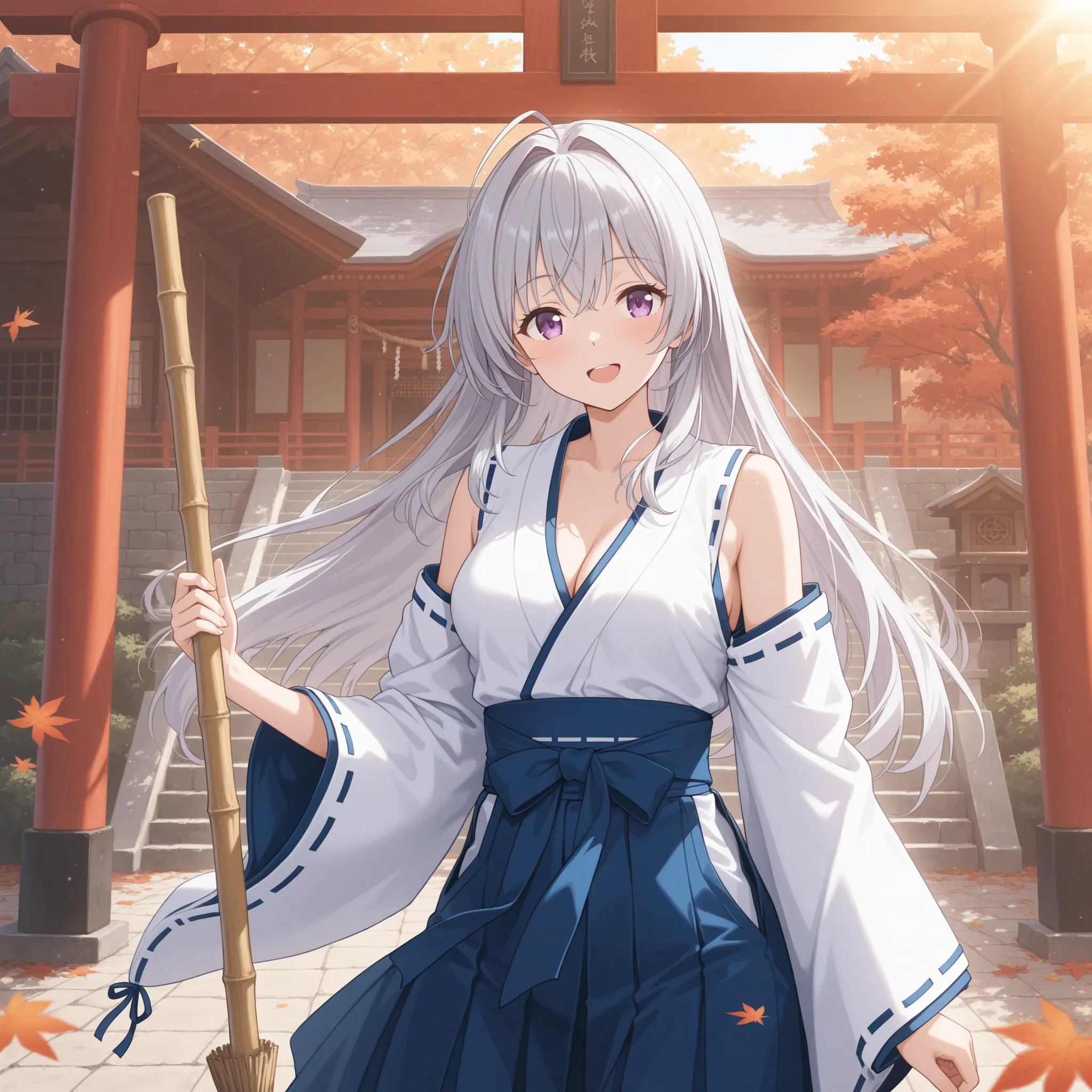 A young girl in a traditional blue miko outfit with white top showing shoulders and blue hakama skirt, cleavage, purple eyes, five fingers, silky smooth, soft shine, hair intakes, long hair, gray hair, open mouth, medium breasts, smiling gently while sweeping the grounds of a Shinto shrine with a bamboo broom. Fallen leaves around her. Background includes a red torii gate, wooden shrine buildings, and soft morning sunlight filtering through trees. Peaceful, sacred atmosphere, anime style, high detail. bouncing breastsen mouth