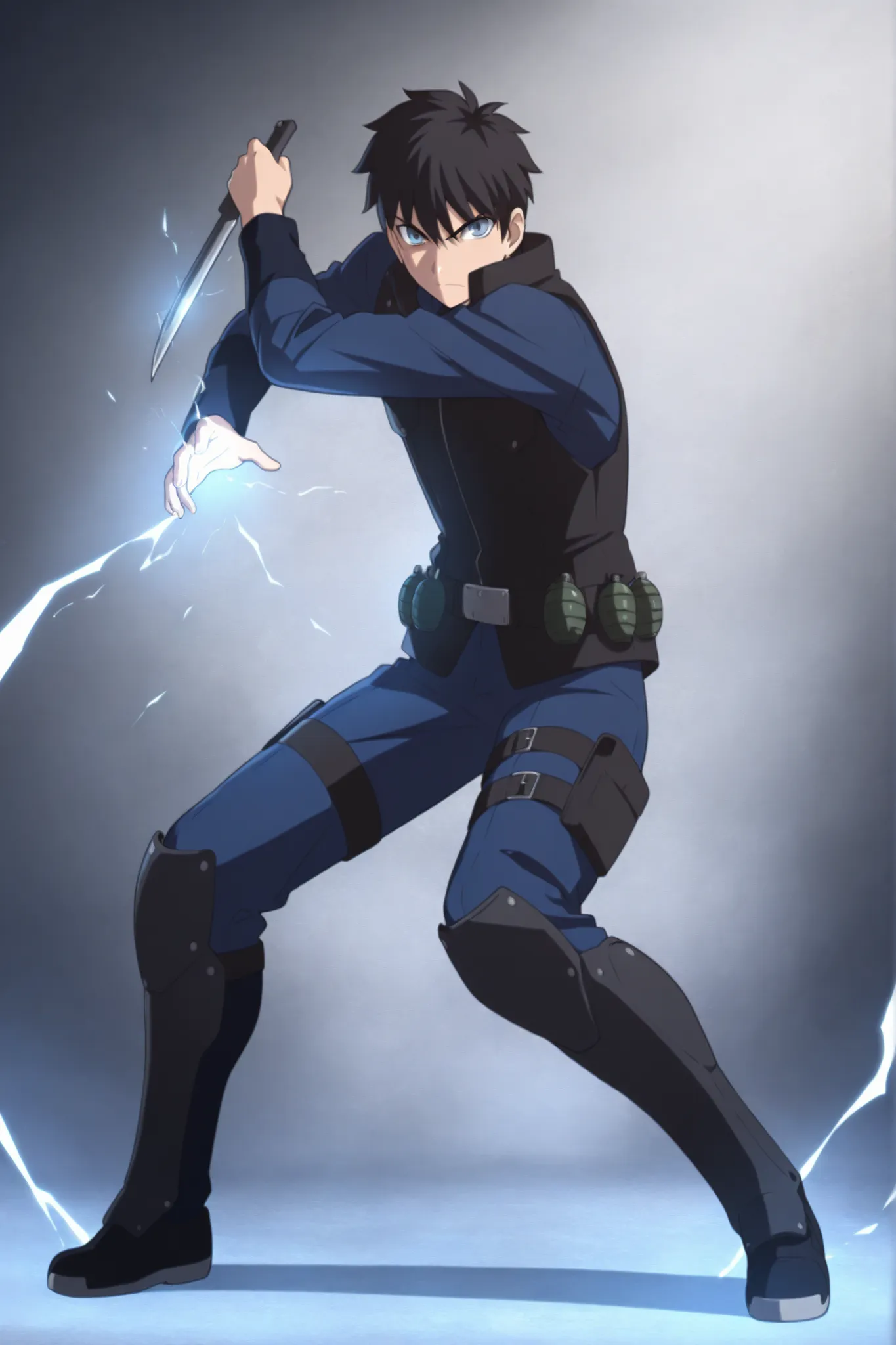 (masterpiece,best quality,ultra_detailed,highres,absurdres:1.2,amazing quality,very aesthetic),tohno shiki,1boy,solo,black hair,short hair,blue eyes,serious,,blue black pants,holding knife,fighting stance,full body, dark thick high collar black armored com...
