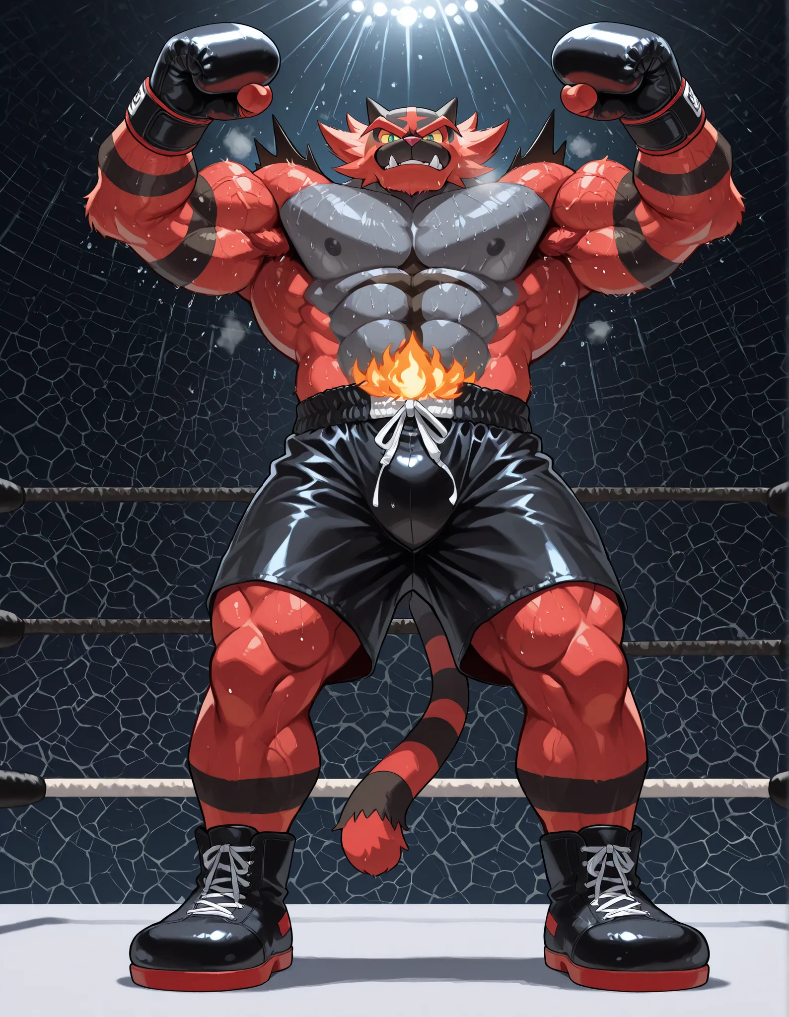 Incineroar, anthro male, high quality, full body, looking down at viewer, looking up from directly below, solo, boxing ring background, black boxing gloves, thick very veiny arms, very muscular, black boxing shorts, black boxing shoes, heavyweight boxing c...