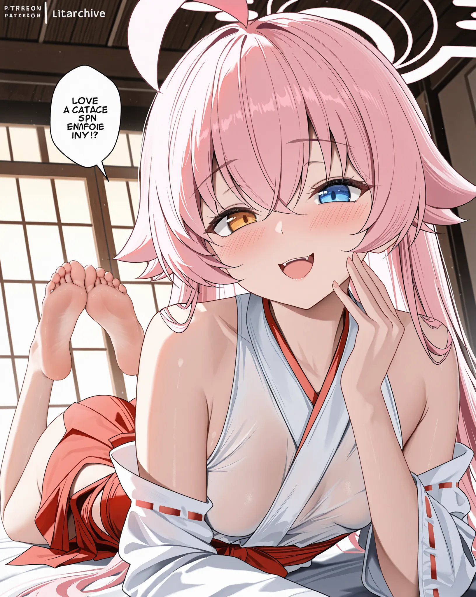 masterpiece, excellent quality, en iyi kalite, is absolutely glamorous, sexy results, high resolution, en yeni, Inside, 1girl, (Full length look from head to toe), blue archive'dan Takanashi Hoshino, pink hair color, Small Breasts, lies in a seductive pos...